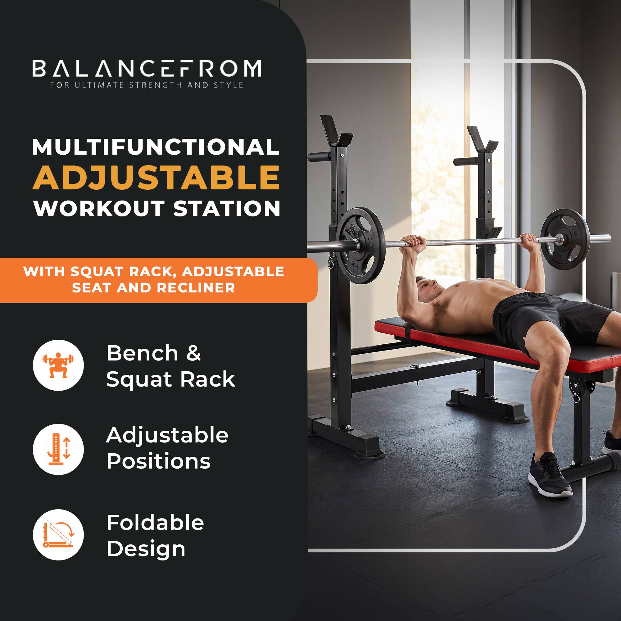 BALANCEFROM  
FOR ULTIMATE STRENGTH AND STYLE

MULTIFUNCTIONAL ADJUSTABLE WORKOUT STATION  
WITH SQUAT RACK, ADJUSTABLE SEAT AND RECLINER

- Bench & Squat Rack
- Adjustable Positions
- Foldable Design