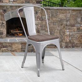 Emma + Oliver - Colorful Metal Stackable Dining Chair with Wood Seat - Silver