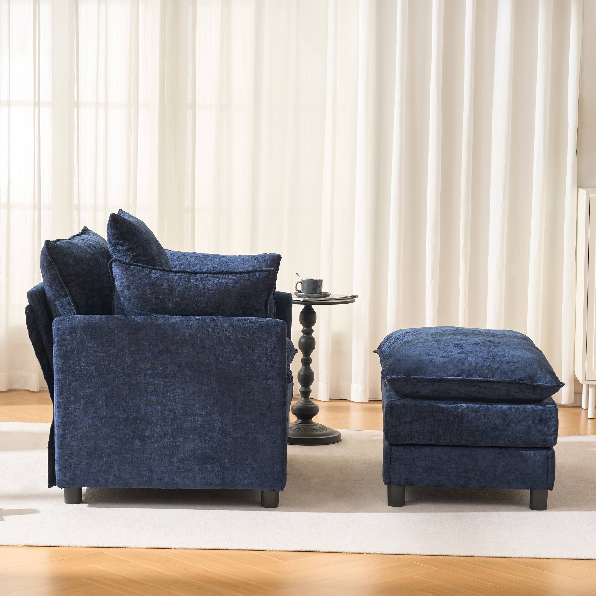 Alt View 4. Meqiodas - 39.4" Modern Accent Chair with Ottoman, Living Room Club Chair Chenille Upholstered Armchair , Reading Chair for Bedroom - Blue.