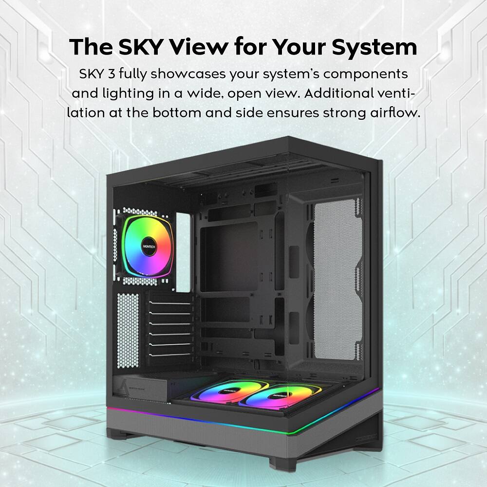 The SKY View for Your System

SKY 3 fully showcases your system's components and lighting in a wide, open view. Additional ventilation at the bottom and side ensures strong airflow.
