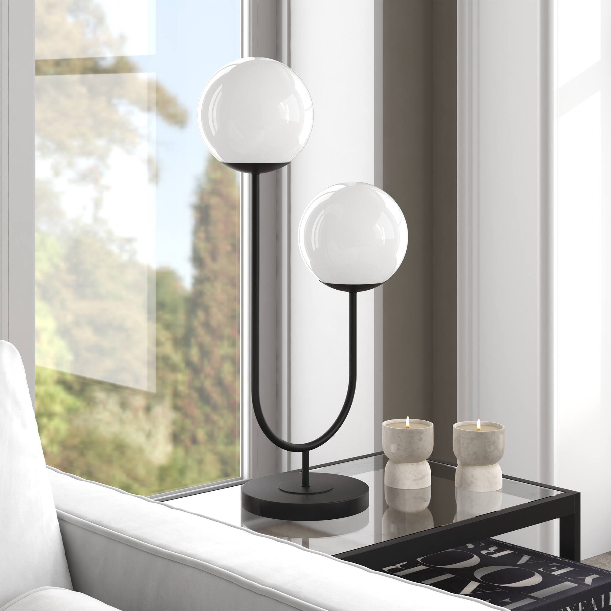 Left. Hudson&Canal - Dufrene 2-Light Table Lamp with Glass Shades in Blackened Bronze/White Milk - Blackened Bronze.