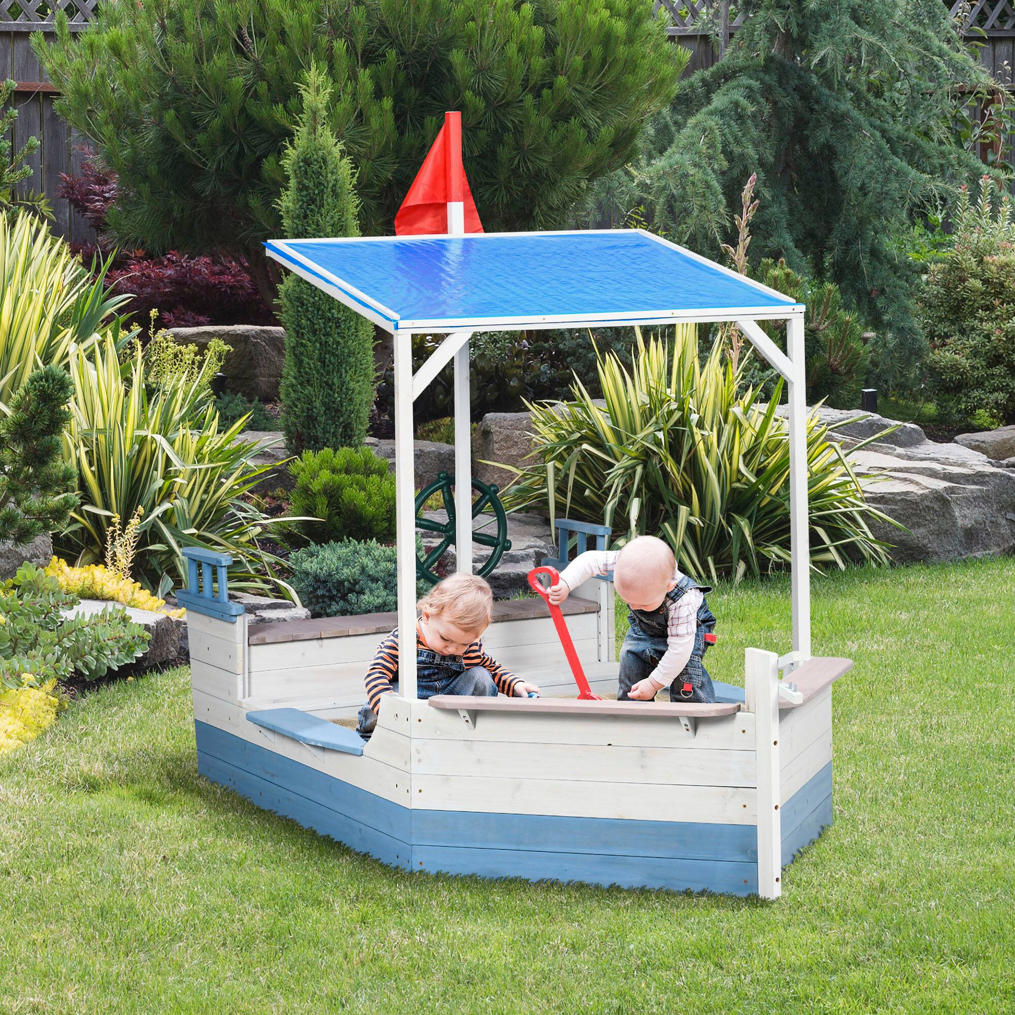 Alt View 1. Outsunny - Sandbox with Canopy, Pirate Ship Wooden Sand Boxes with Bench for Backyard, Sand Pit for Toddlers.