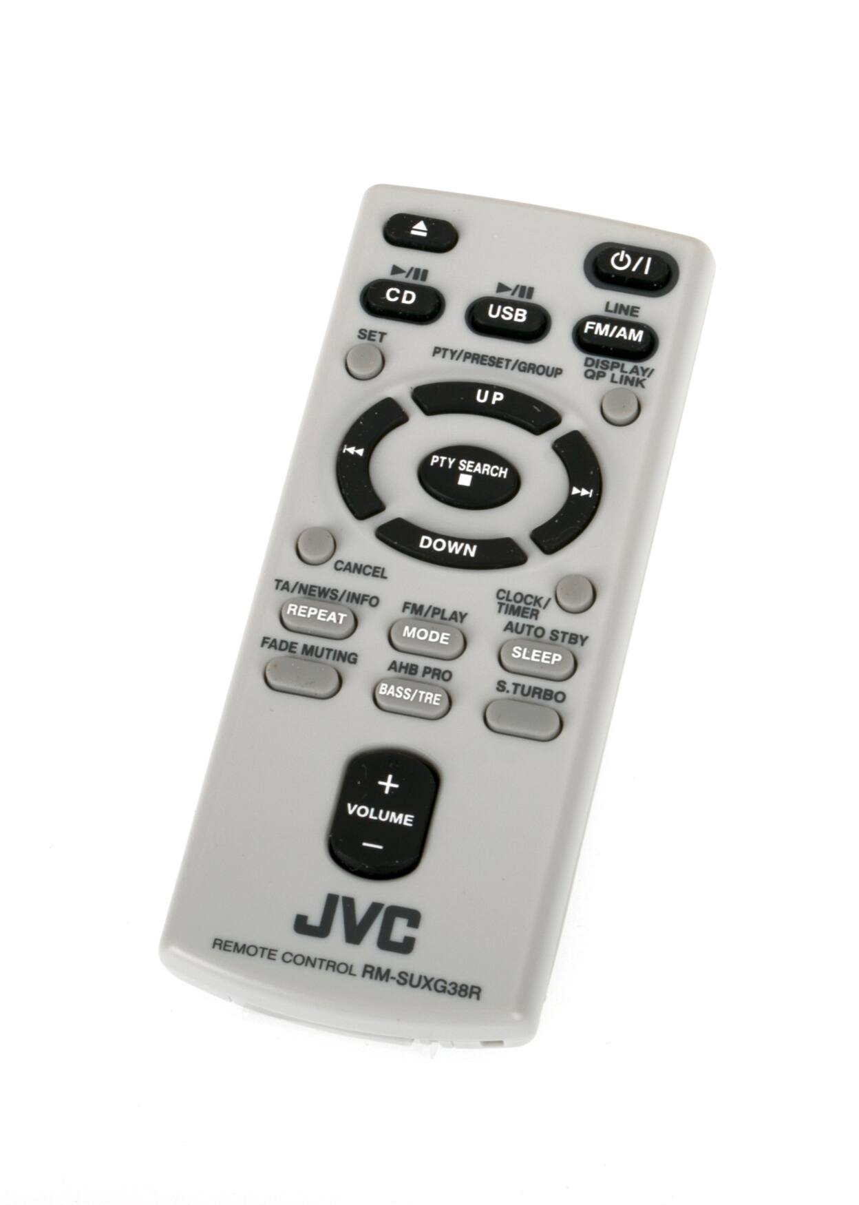 CD USB LINE SET FM/AM PTY/PRESET/GROUP DISPLAY/ QP LINK UP H4 PTY SEARCH D DOWN CANCEL TA/NEWS/INFO INFO CLOCK/ REPEAT FM/PLAY TIMER MODE AUTO STBY FADE MUTING SLEEP AHB PRO S. TURBO BASS/TRE + VOLUME - REMOTE JVC CONTROL RM-SUXG38R