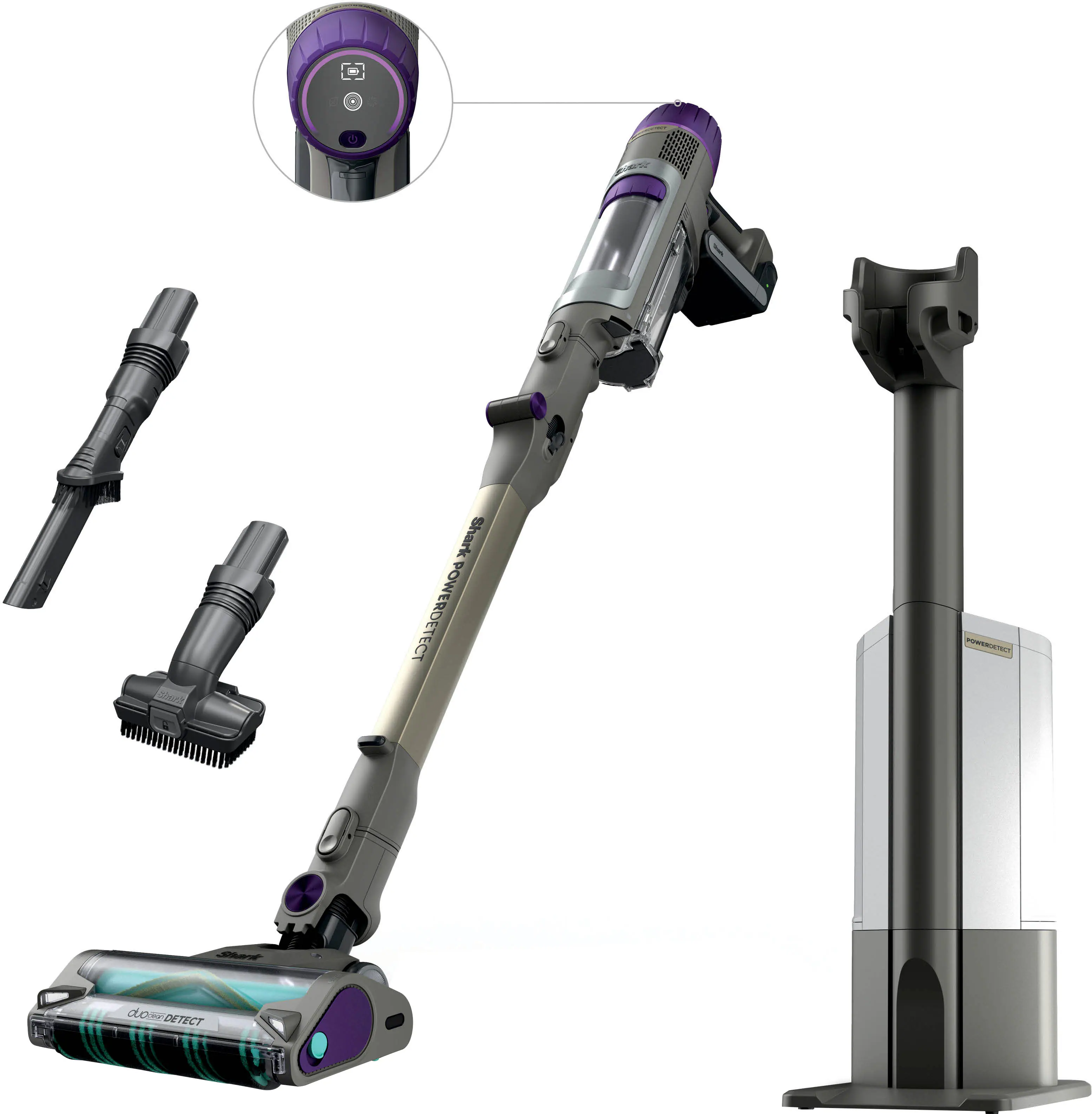 The image shows a Shark POWERDETECT ETECT ET do WEDETECT vacuum cleaner with its parts disassembled. The vacuum cleaner is designed to detect and remove dirt and debris from various surfaces. The image also includes a close-up of the vacuum cleaner's parts, which are labeled for easy identification.