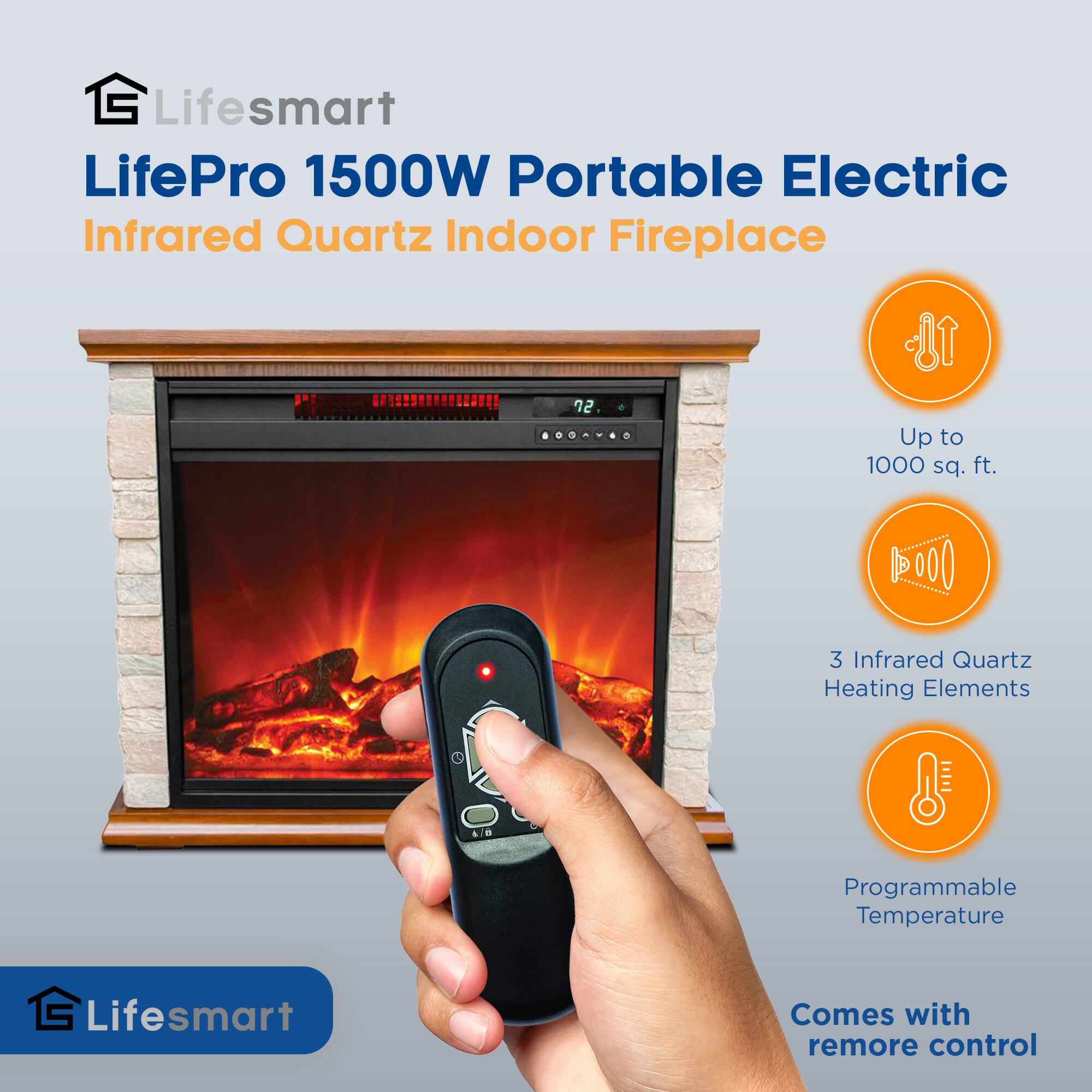 Lifesmart LifePro 1500W Portable Electric Infrared Quartz Indoor Fireplace  
- Up to 1000 sq. ft.  
- 3 Infrared Quartz Heating Elements  
- Programmable Temperature  
- Comes with remote control