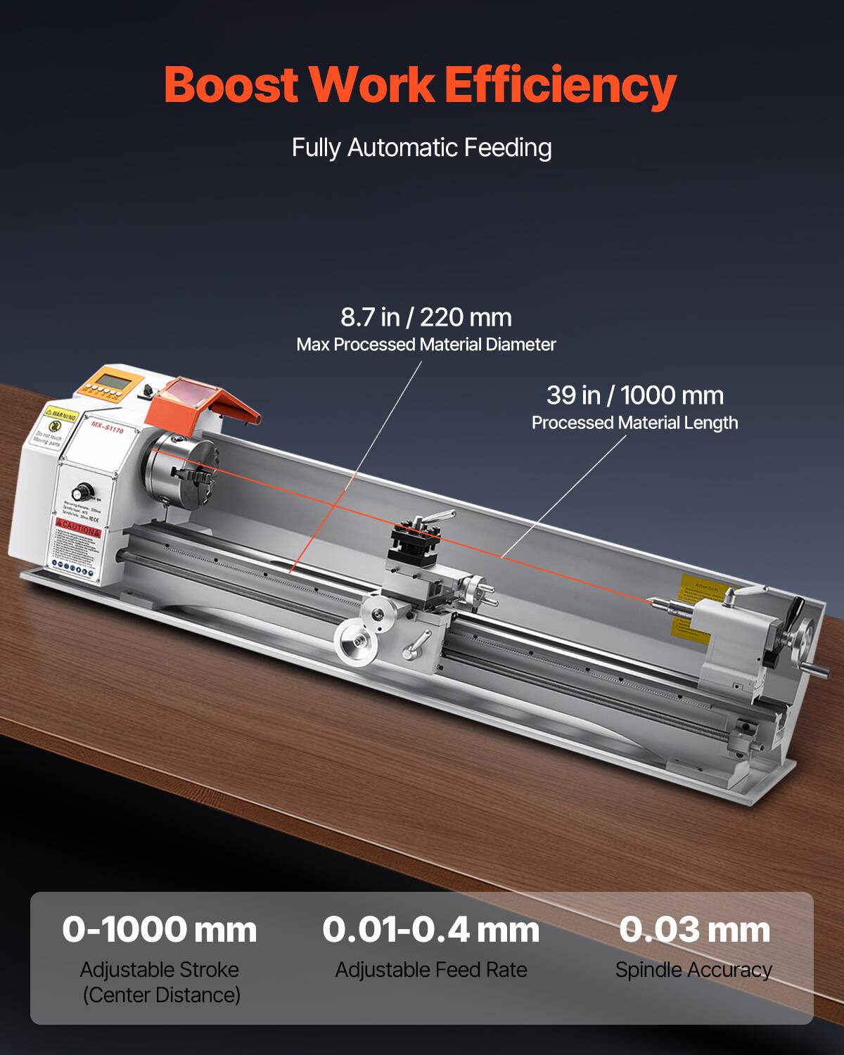 Boost Work Efficiency  
Fully Automatic Feeding  

8.7 in / 220 mm  
Max Processed Material Diameter  

39 in / 1000 mm  
Processed Material Length  

0-1000 mm  
Adjustable Stroke (Center Distance)  

0.01-0.4 mm  
Adjustable Feed Rate  

0.03 mm  
Spindle Accuracy