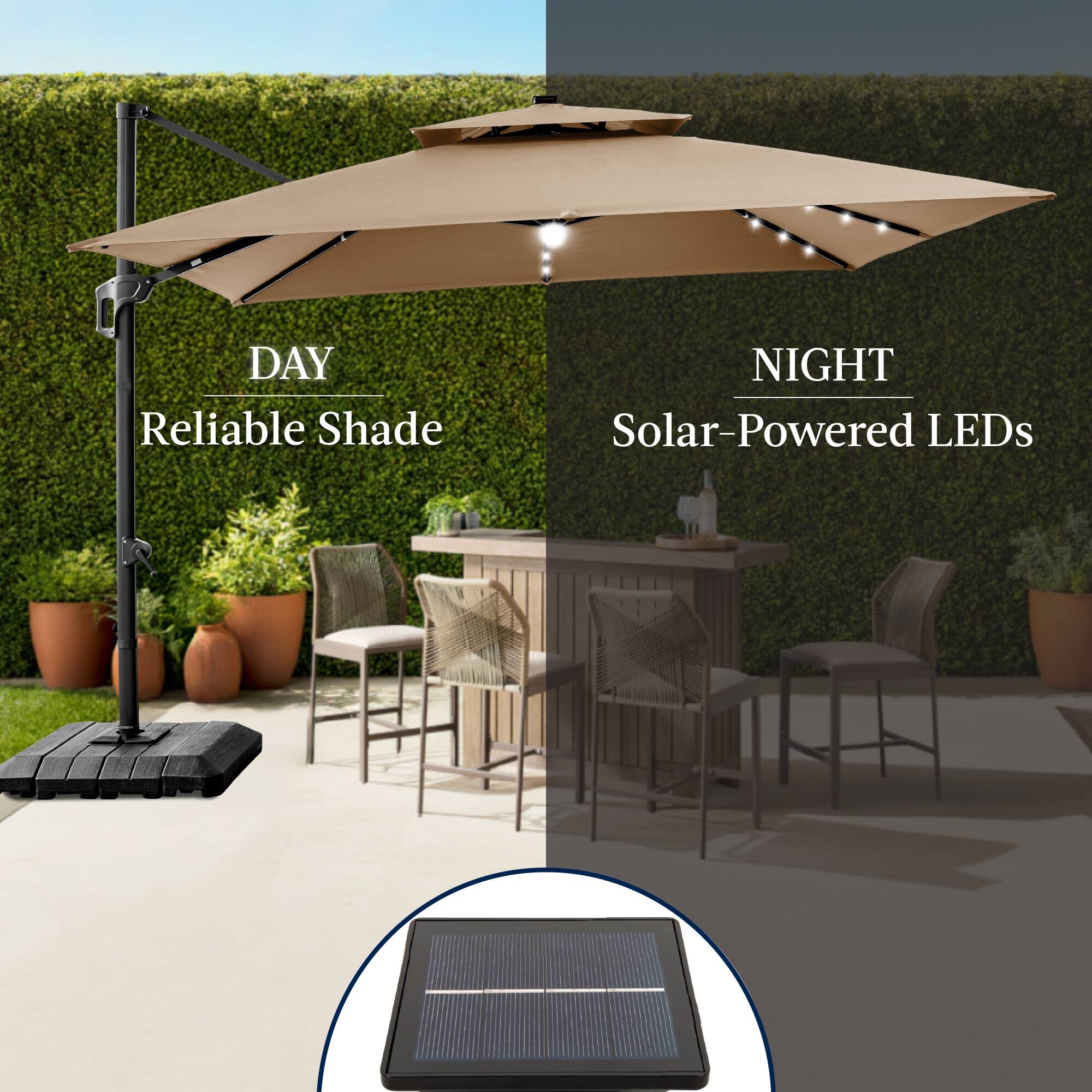 DAY  
Reliable Shade  

NIGHT  
Solar-Powered LEDs