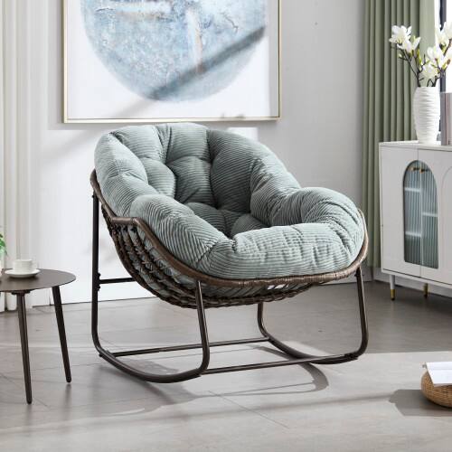 Angle. GOODSILO - Outdoor Rattan Rocking Chair Padded Cushion Rocker Recliner for Porch, Living Room, Patio, Garden - Light Green.