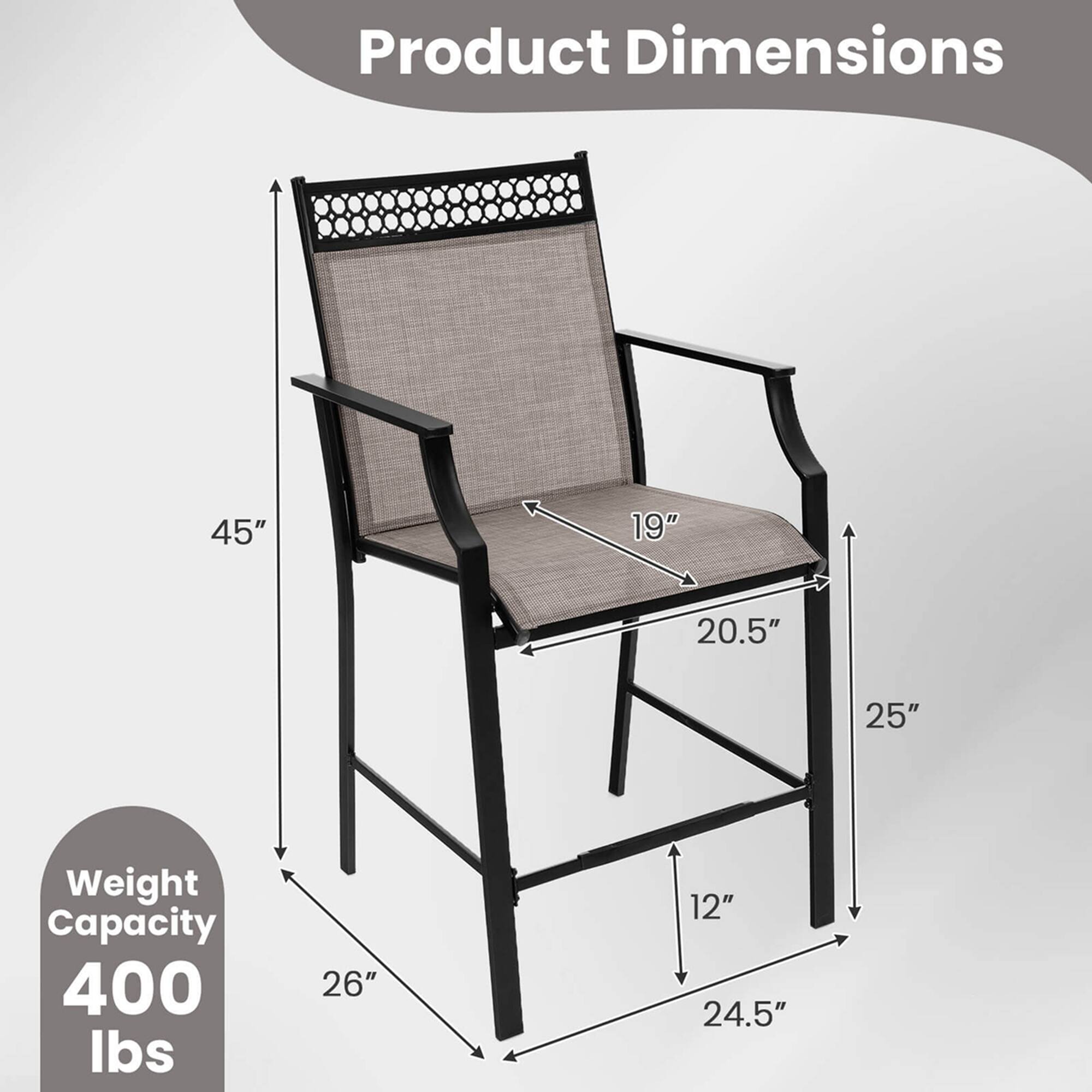 Product Dimensions  
45" x 19" x 20.5" x 25" x 26" x 12" x 24.5"  

Weight Capacity  
400 lbs