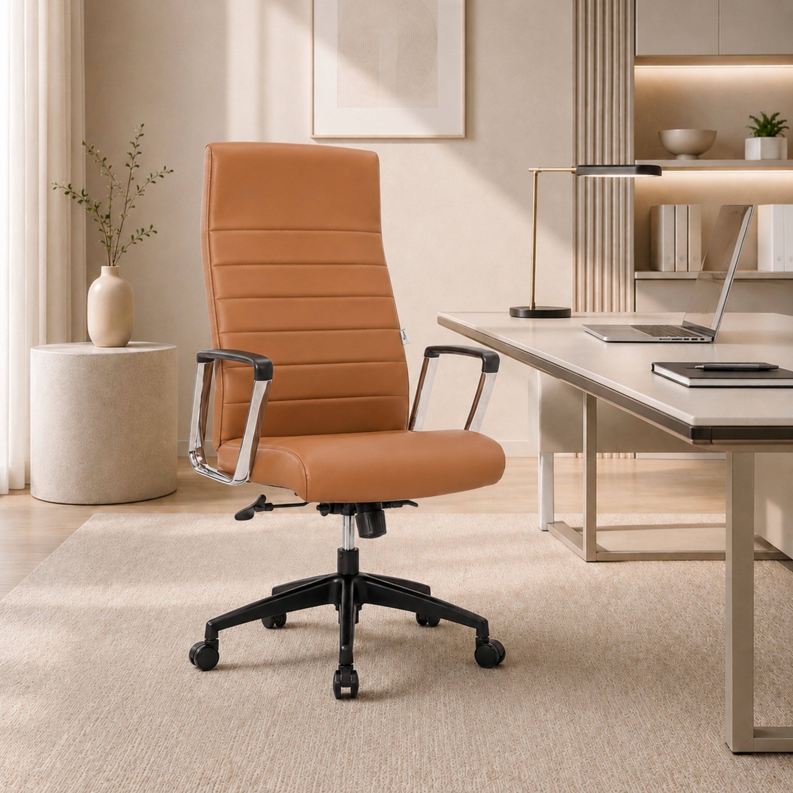 Alt View 6. LeisureMod - Hilton Ergonomic High Back Adjustable Leather Upholstered Office Desk Chair, Steel Frame, Swivel Base, Home Office Use - Light Brown.