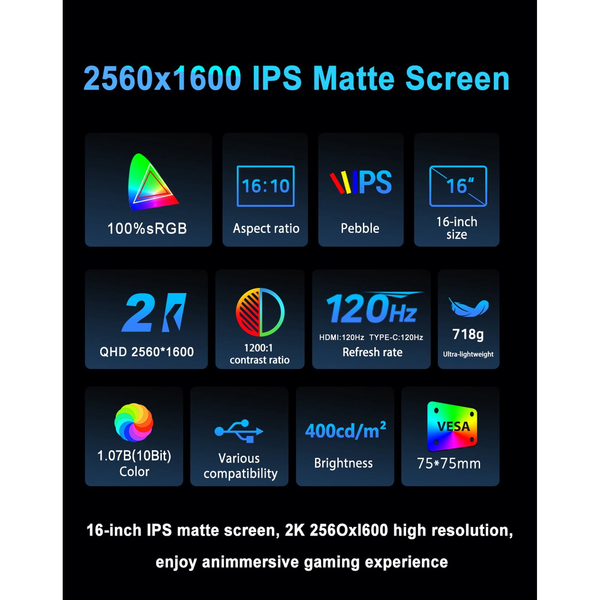 2560x1600 IPS Matte Screen 16:10 PS 16" 100%sRGB Aspect ratio Pebble 16-inch size 2 QHD 2560*1600 1200:1 contrast ratio 120Hz HDMI:120Hz TYPE-C:120Hz 718g Refresh rate Ultra-lightweight 400cd/m2 VESA 1.07B(10Bit) Various 75*75mm Brightness Color compatibility 16-inch IPS matte screen, 2K 2560x1600 high resolution, enjoy an immersive gaming experience