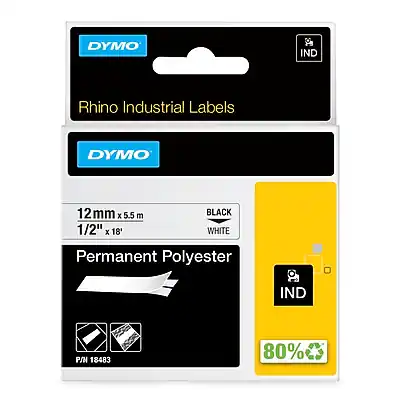DYMO IND Rhino Industrial Labels
DYMO 12mm x 5.5 m 1/2" x 18' BLACK WHITE Permanent Polyester IND P/N 18483 80%