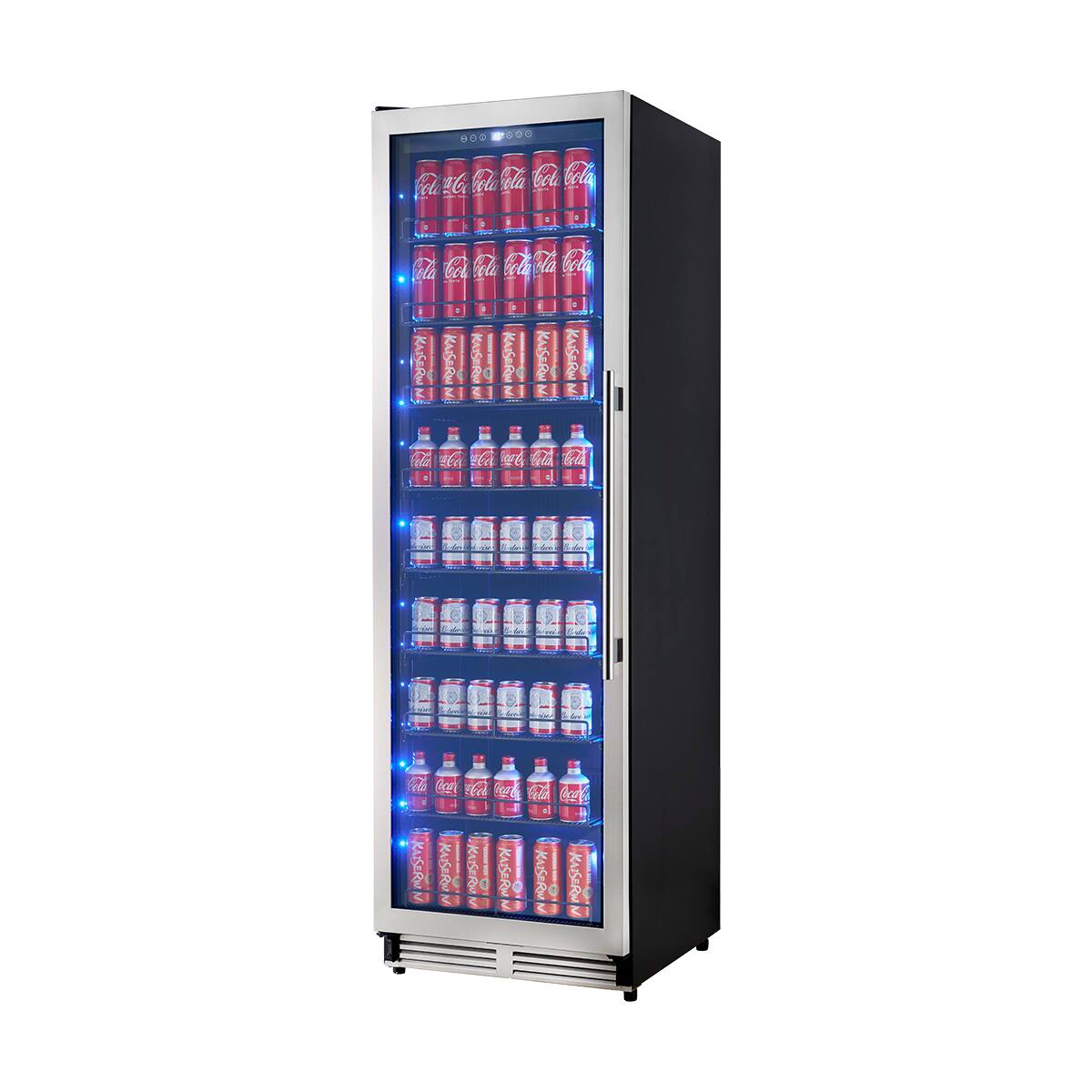 The image features a refrigerator with a large number of cans of soda inside. The cans are arranged in multiple rows, with some cans placed higher and others lower. The refrigerator is filled with a variety of drinks, including soda and other beverages. The cans are organized in a visually appealing manner, making it easy for customers to find their desired drink. The refrigerator is designed to store and display these beverages in an efficient and attractive way.