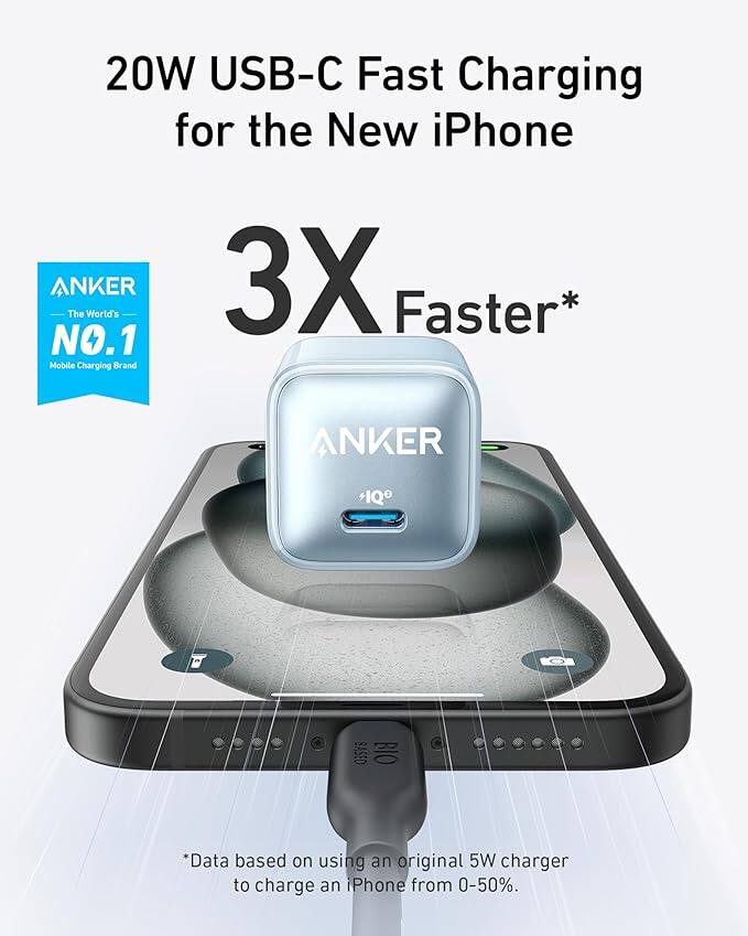 20W USB-C Fast Charging for the New iPhone

3X Faster*

*Data based on using an original 5W charger to charge an iPhone from 0-50%.

ANKER
The World's NO.1 Mobile Charging Brand