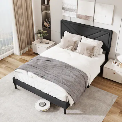Front. Gymax - Gymax Full Size Bed Frame w/ Tufted Headboard & Wooden Slats Easy Assembly - Gray.