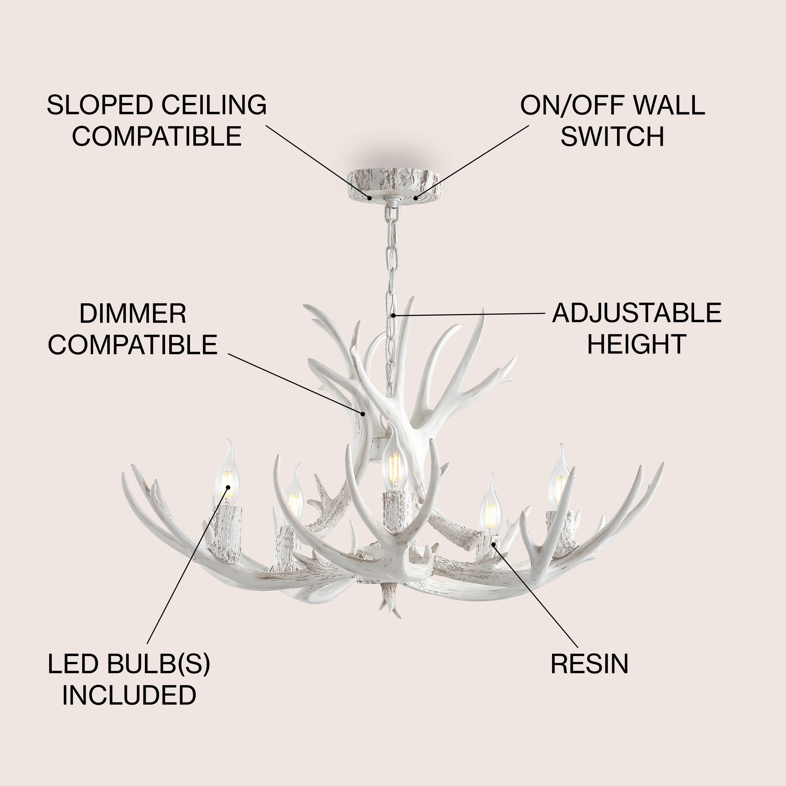SLOPED CEILING COMPATIBLE  
ON/OFF WALL SWITCH  
DIMMER COMPATIBLE  
ADJUSTABLE HEIGHT  
LED BULB(S) INCLUDED  
RESIN