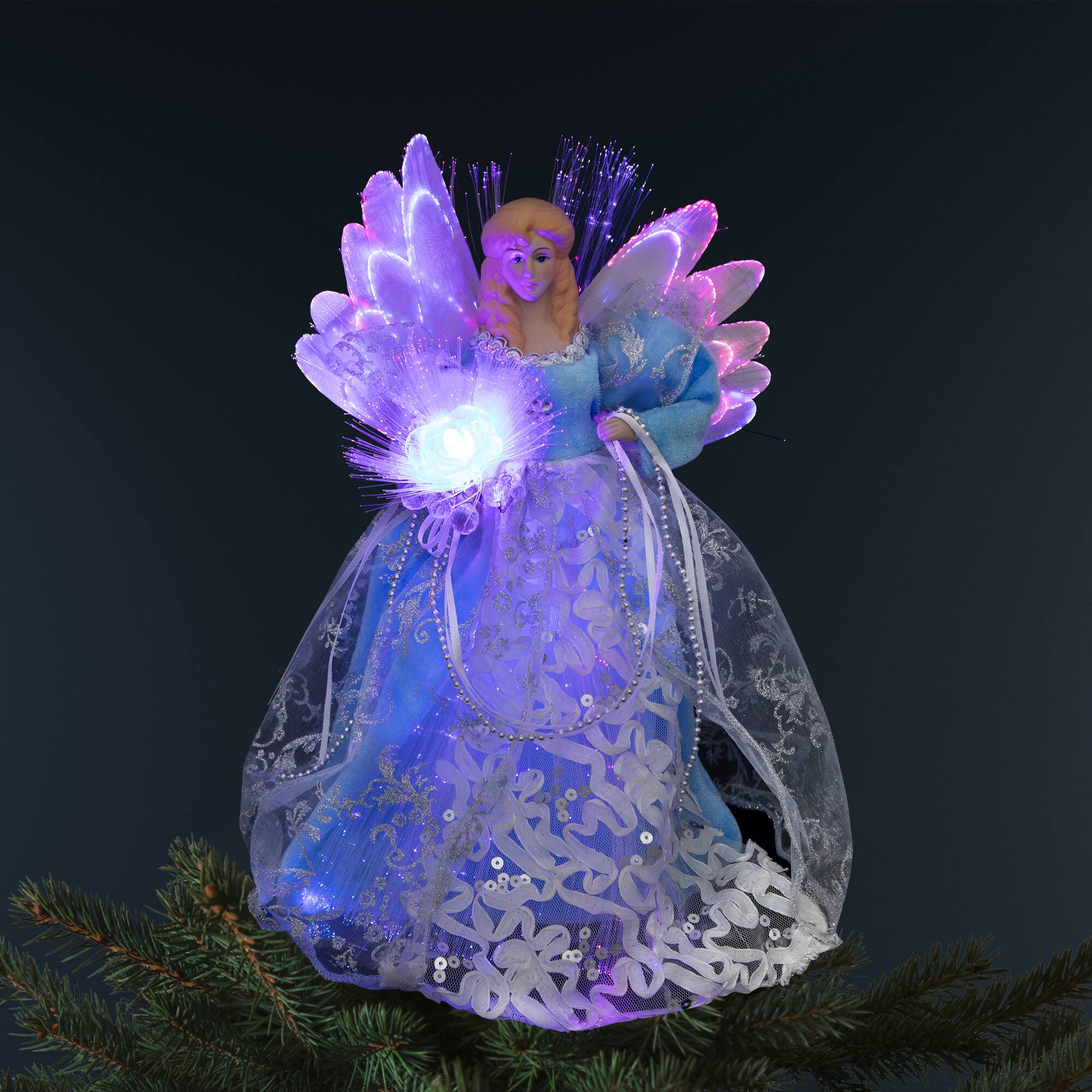 Northlight - Lighted Fiber Optic Angel Christmas Tree Topper - 12" - and White - Blue