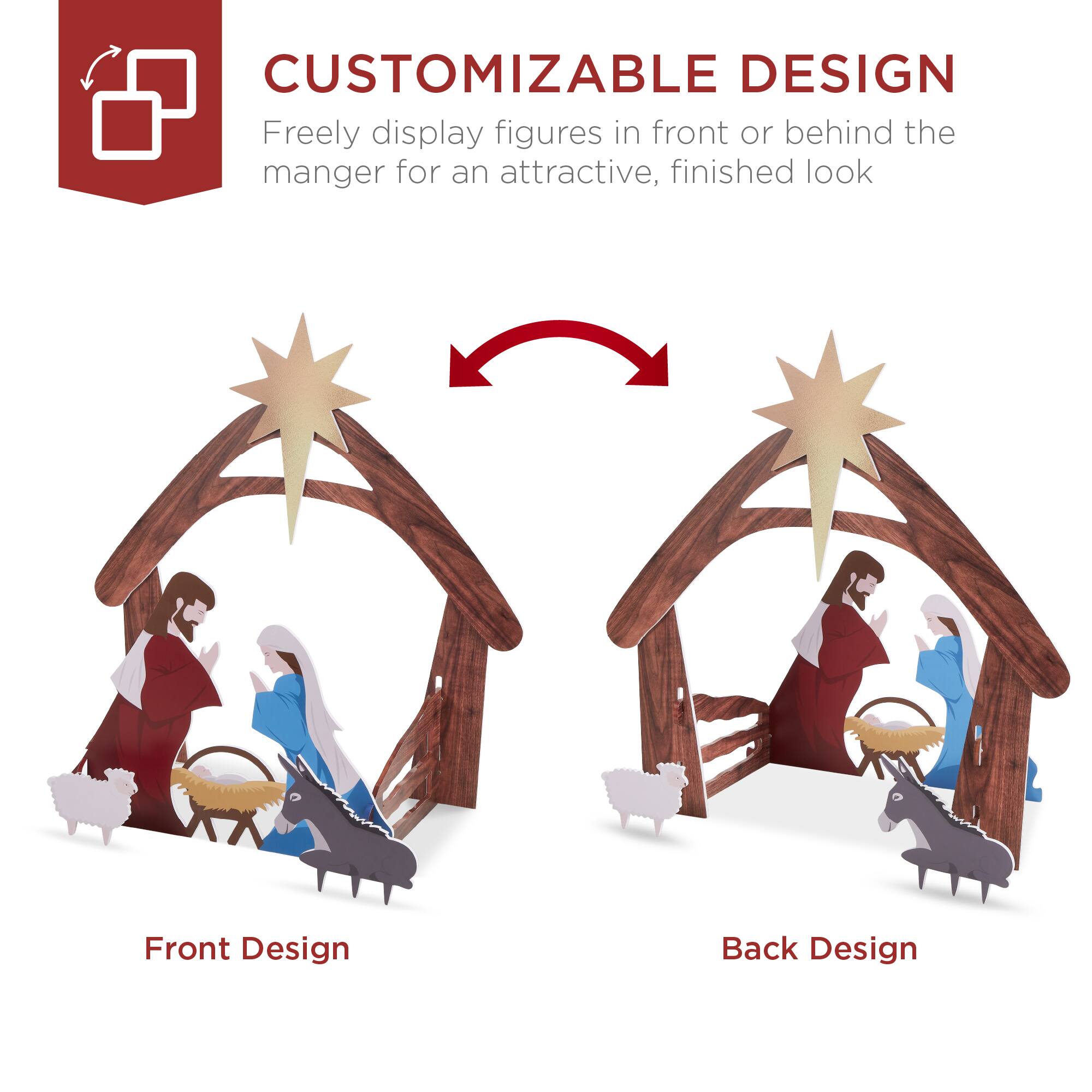 CUSTOMIZABLE DESIGN  
Freely display figures in front or behind the manger for an attractive, finished look  

Front Design  
Back Design