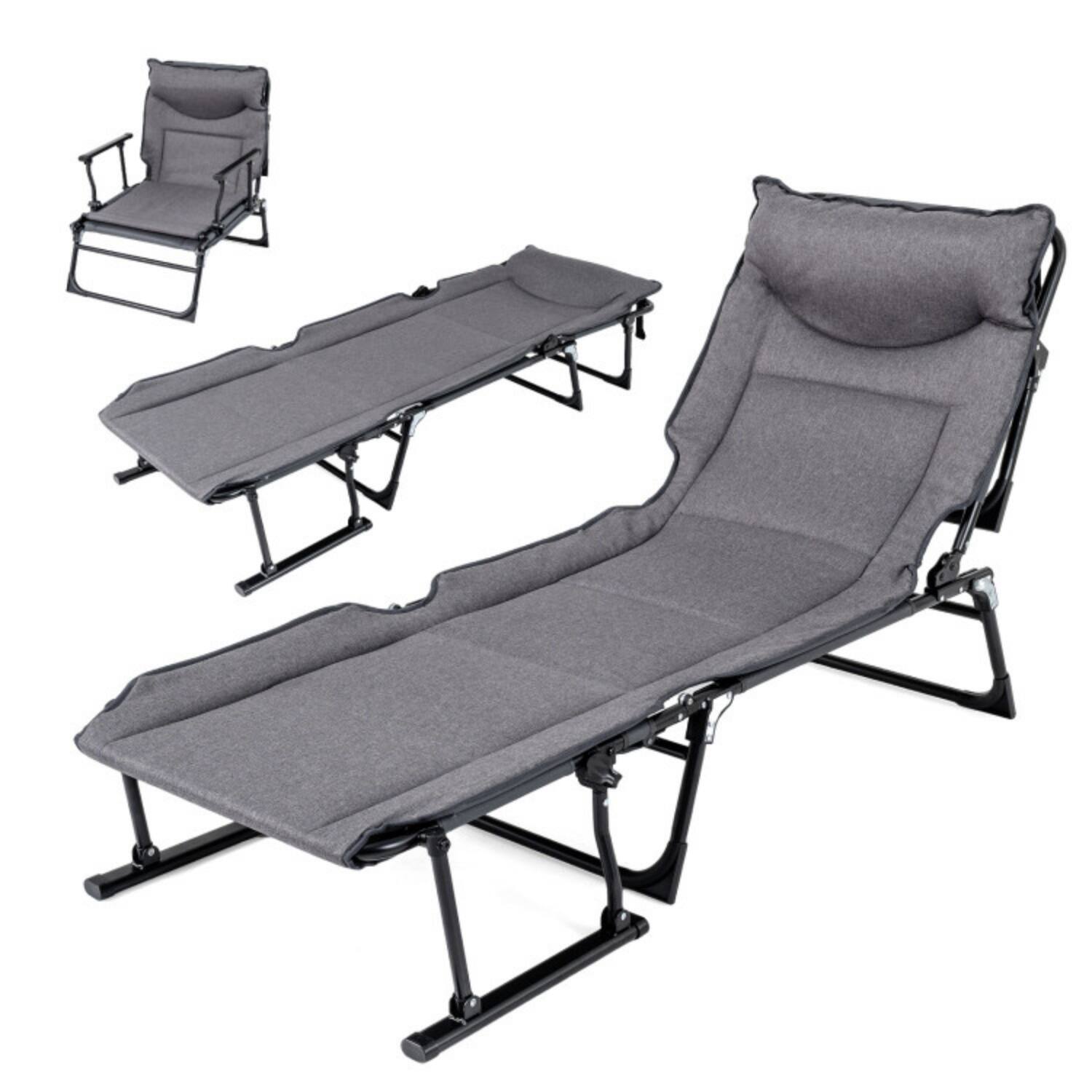 Alt View 4. Mondawe - 3 in 1 Folding Camping Cot Convertible Sofa Chair Chaise Lounge Bed 6-Position Backrest - Gray + Black.