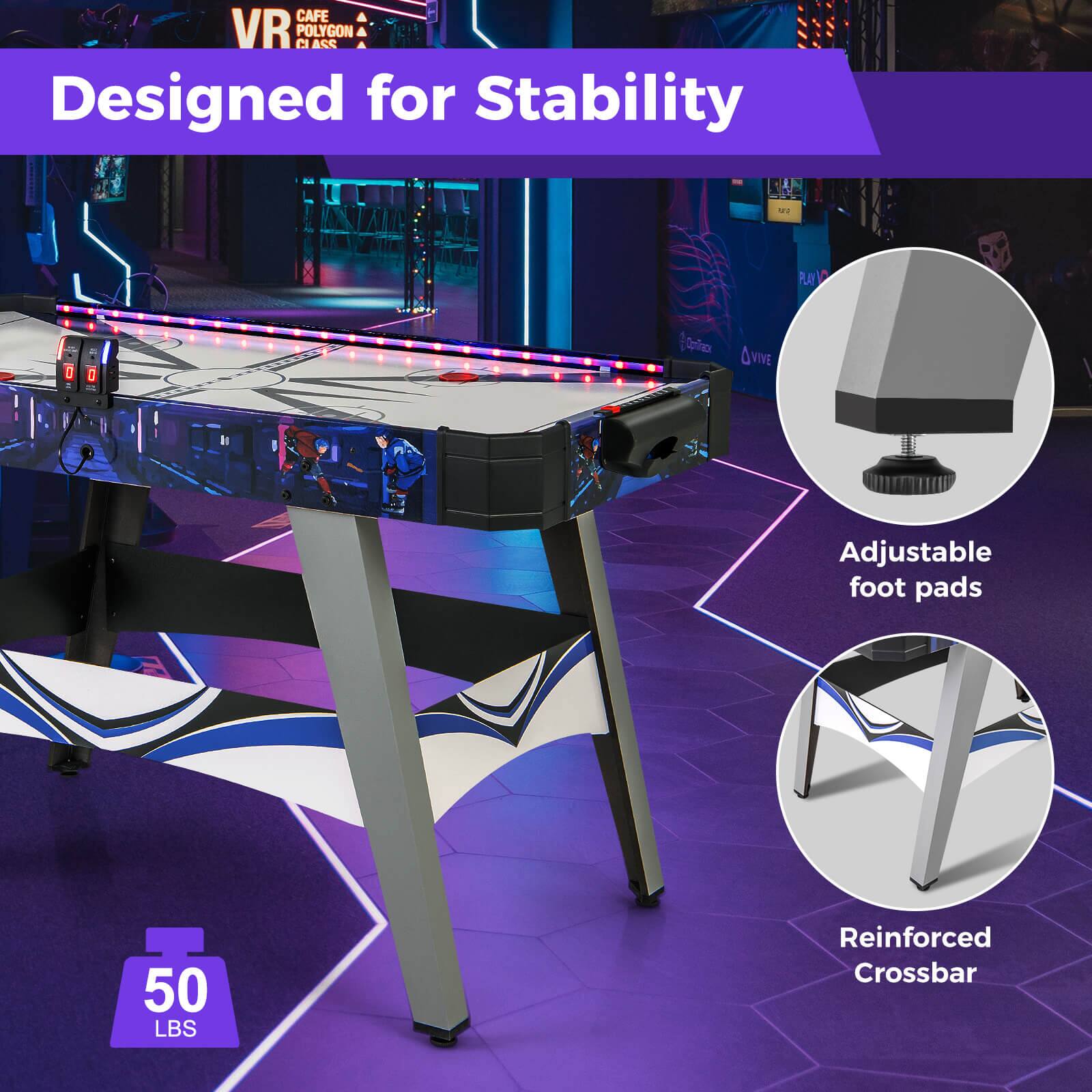Designed for Stability: The table is designed to provide stability and support for the VR equipment, ensuring a smooth and enjoyable gaming experience.

Adjustable Foot Pads: The table comes with adjustable foot pads that can be easily adjusted to fit the user's preferences and ensure a comfortable gaming experience.

Reinforced Crossbar: The table features a reinforced crossbar that adds extra support and durability to the structure, ensuring that it can withstand the weight and stress of the VR equipment.

50 LBS Reinforced Crossbar: The table is equipped with a reinforced crossbar that can support up to 50 lbs, providing additional stability and support for the VR equipment.