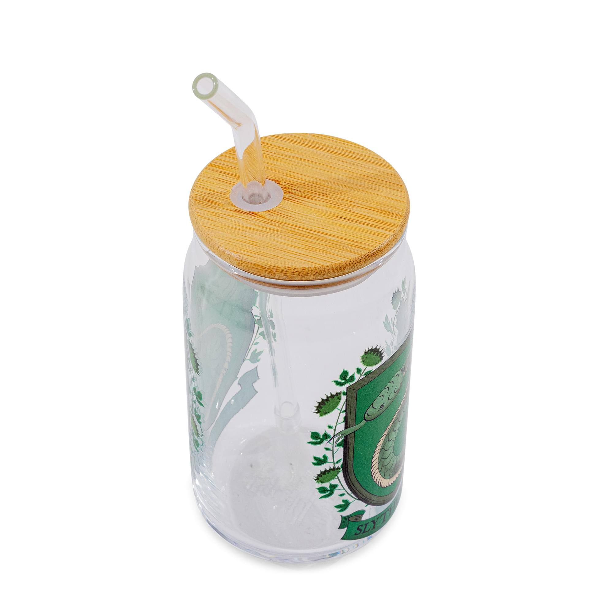 Alt View 1. Silver Buffalo - Harry Potter Slytherin House Mascot Glass Tumbler With Bamboo Lid and Straw - Green.