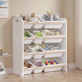 Vecelo - Toy Storage Organizer with Top Shelf and 9 Removable Bins – Toddler Bookshelf with Toy Organizer - Modern Toy Rack - White
