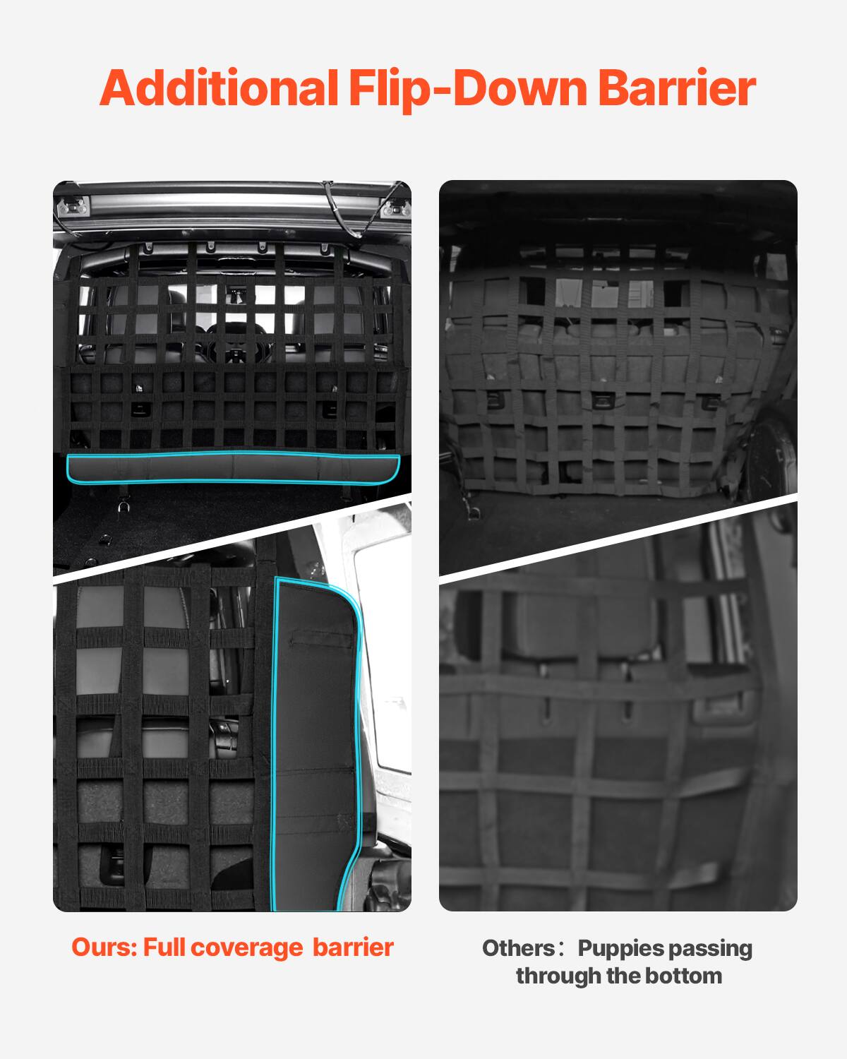 Additional Flip-Down Barrier

Ours: Full coverage barrier

Others: Puppies passing through the bottom