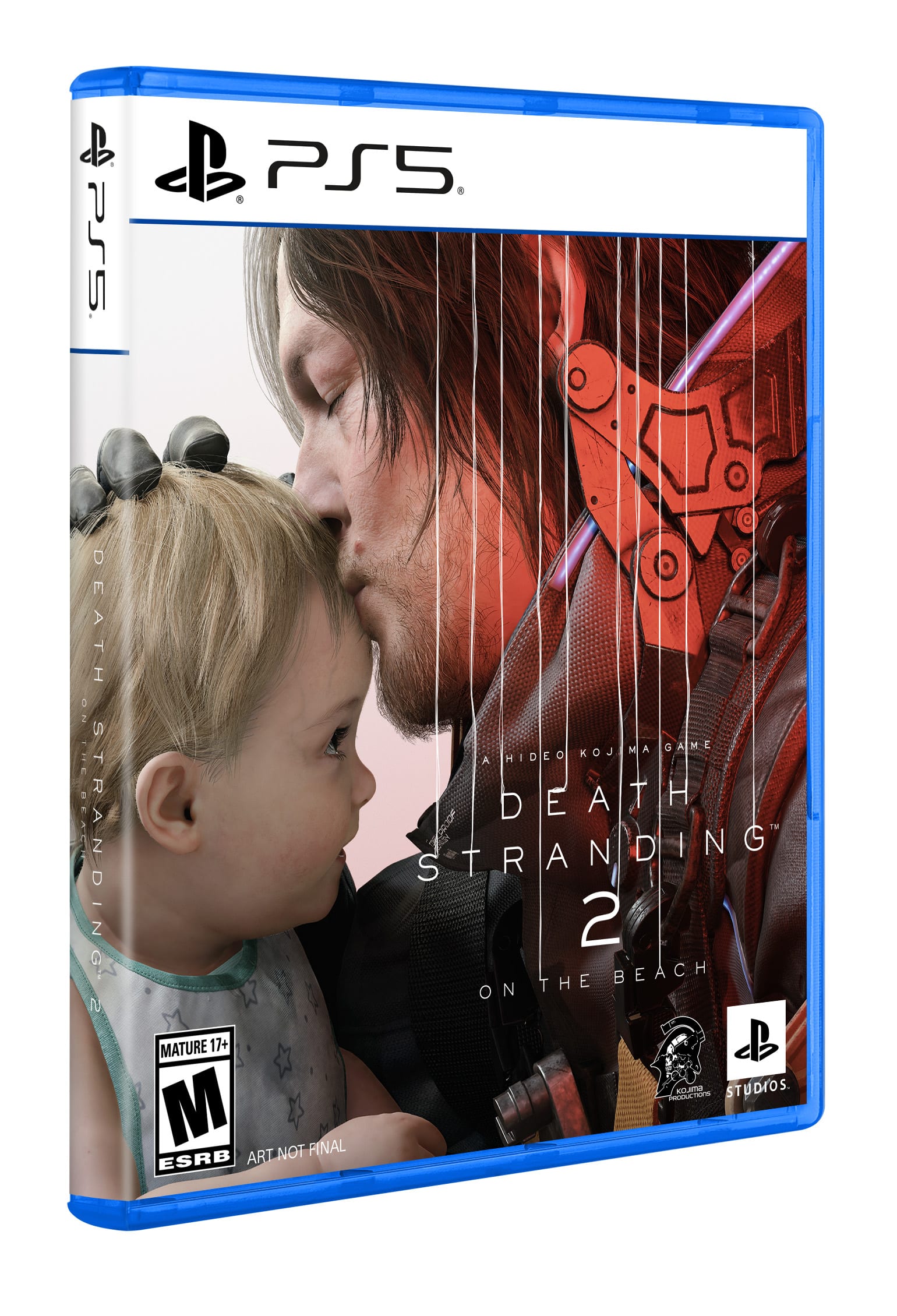 Death Stranding 2 is a video game that is rated Mature 17+ by the ESRB. The game is produced by Hideo Kojima and Kojima Productions. The image features a man and a baby on the cover, suggesting a strong emotional connection between the characters. The game is available for the PlayStation 5 console.