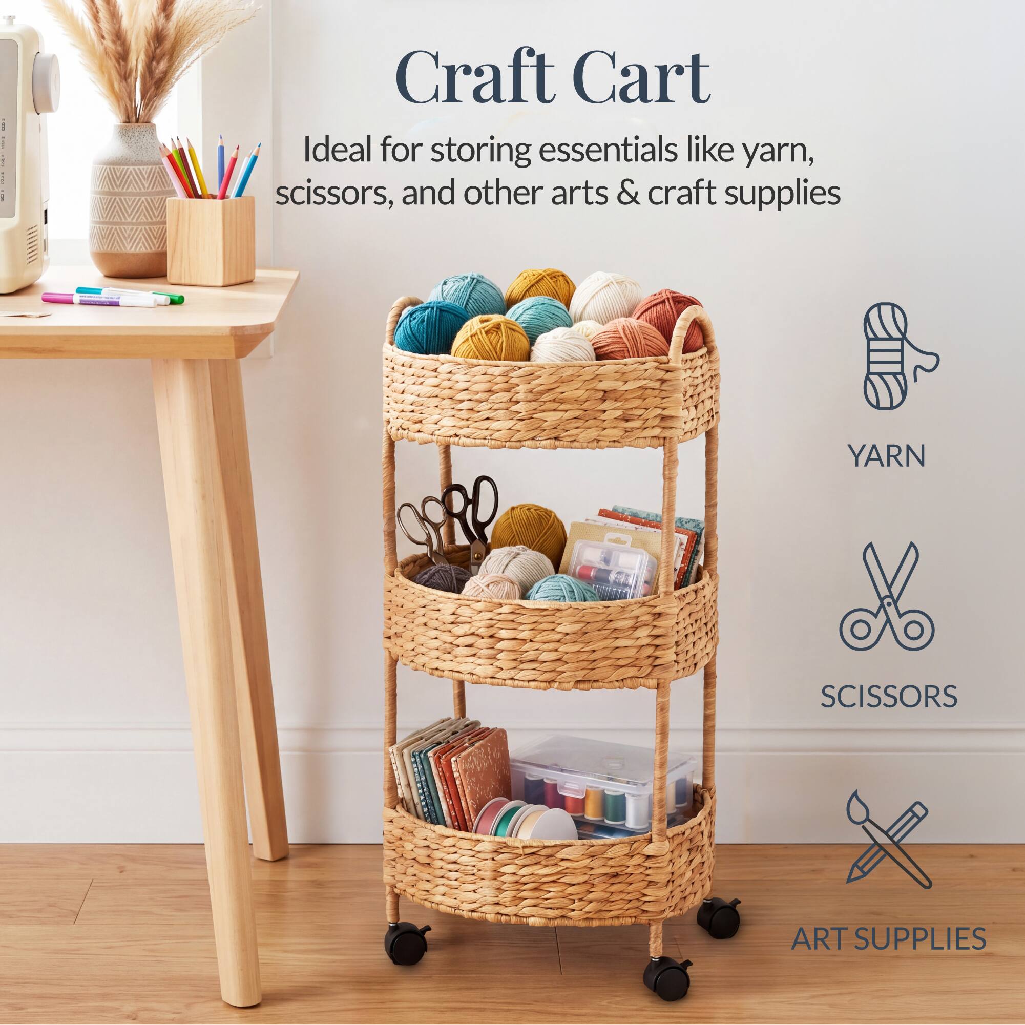 Craft Cart

Ideal for storing essentials like yarn, scissors, and other arts & craft supplies

YARN

SCISSORS

ART SUPPLIES