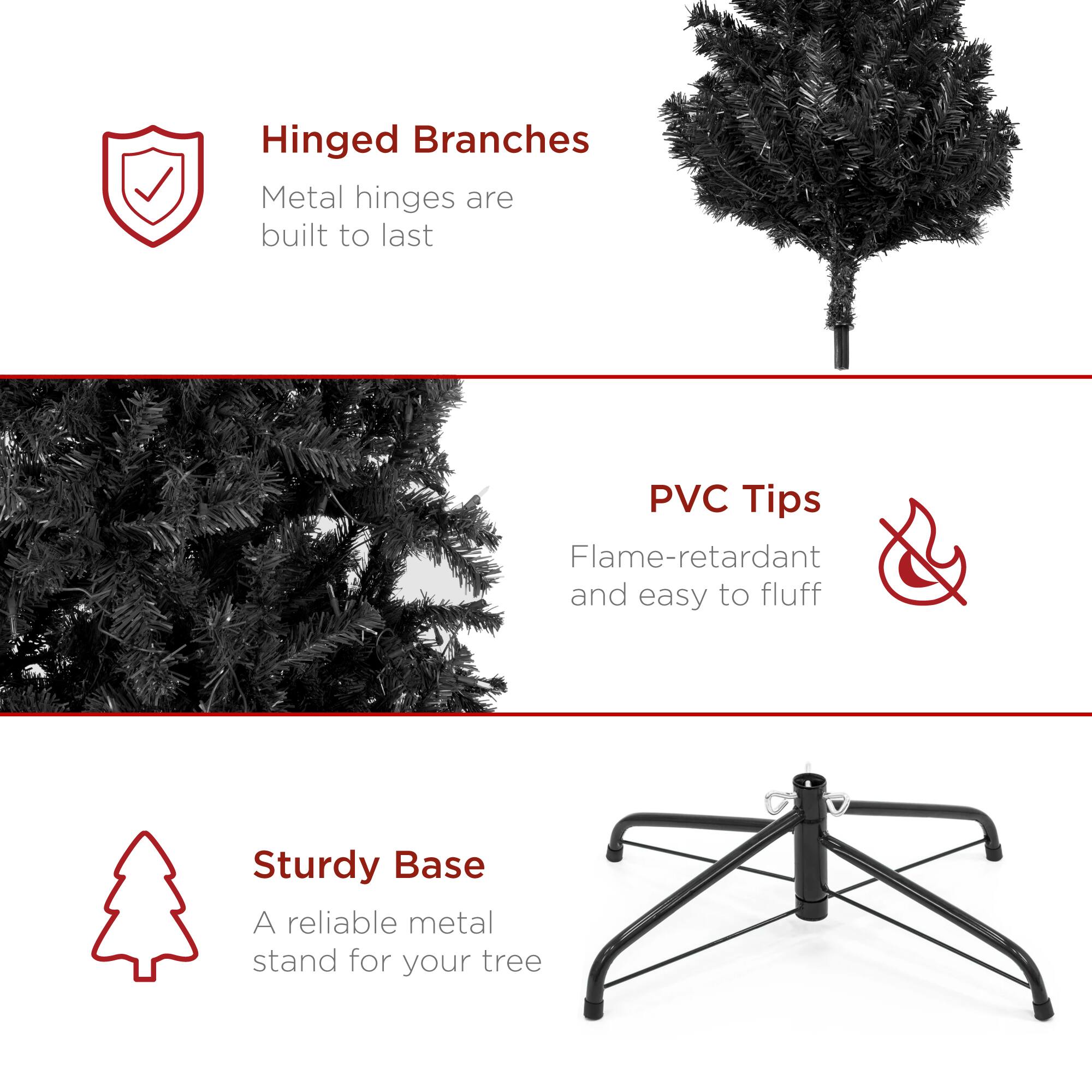 - Hinged Branches: Metal hinges are built to last
- PVC Tips: Flame-retardant and easy to fluff
- Sturdy Base: A reliable metal stand for your tree
