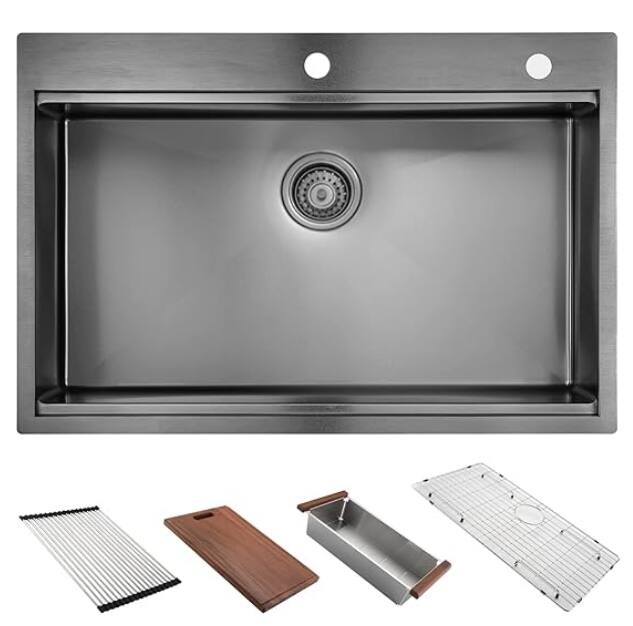 Back. Siljoy - 30" x 22" Black Drop In Kitchen Sink,  16 Gauge Stainless Steel Workstation Sink - Antique Black.