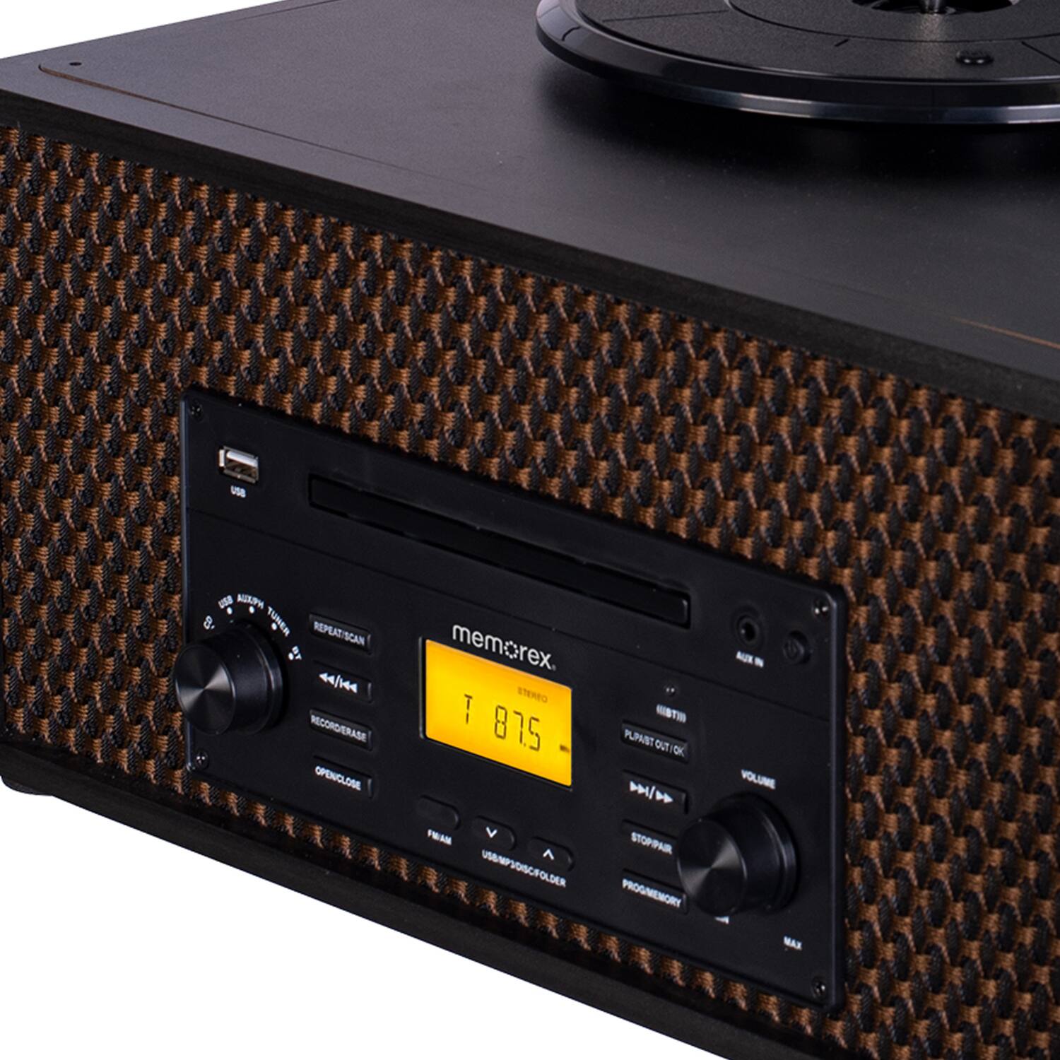 Use USE KGH. TUNER REPEAT/SCAN 44/144 RECORDER/ERASE OPEN/ENCLOSE memorex. T 875 FWAN V USB/MP3/SD/SDHC FOLDER -BTO PL/PLAY OUT/IOK PUP/ANT OUT/IOK M STOP/PAUSE PROG/MEMORY NUN VOLUME MAX