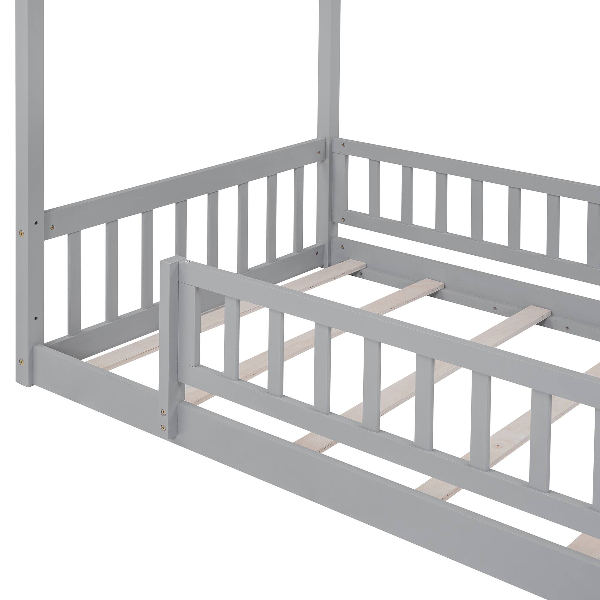 Alt View 5. Whisen - Twin Size Wood House Bed Frame with Fence for Kids and Teens - Gray.