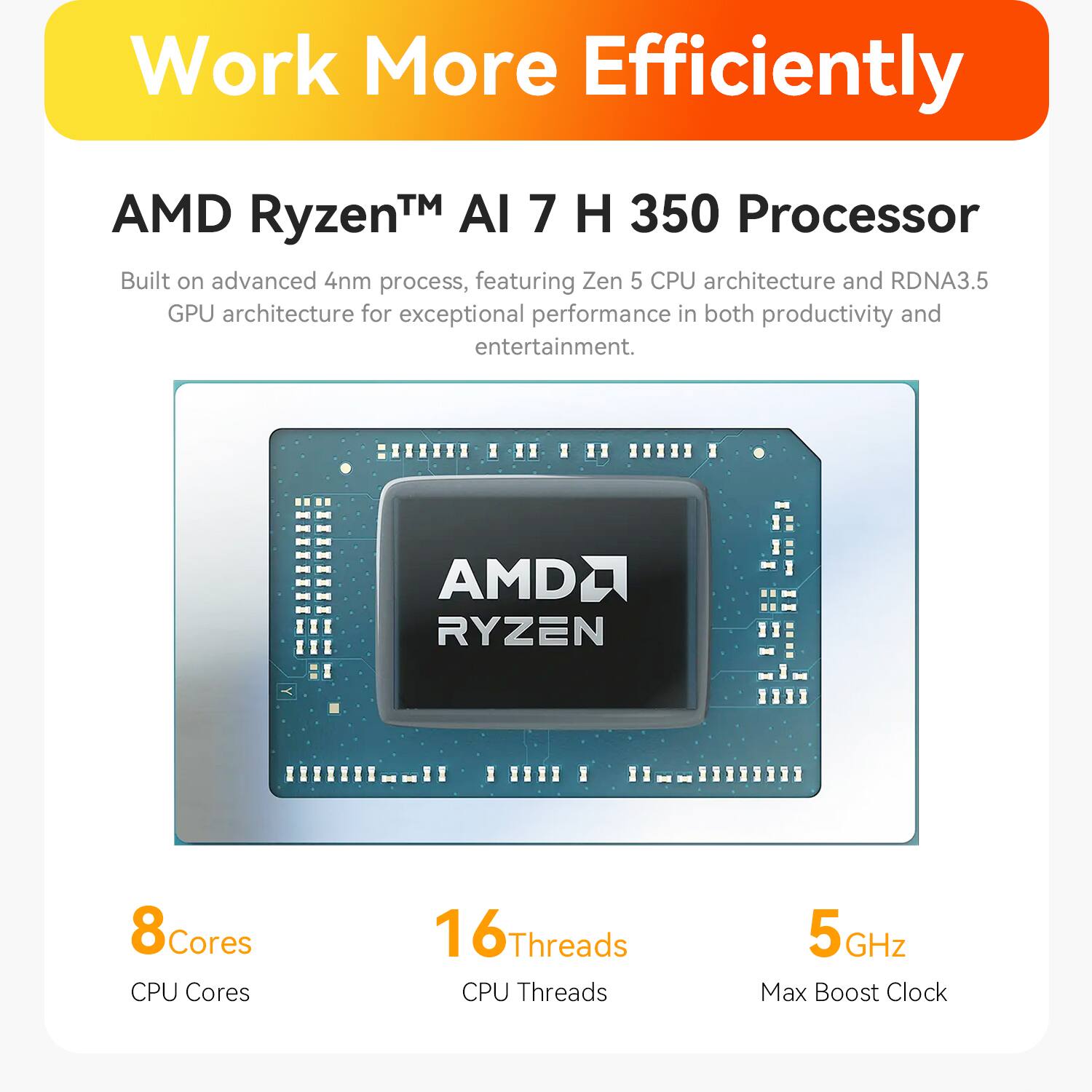Work More Efficiently

AMD Ryzen™ AI 7 H 350 Processor

Built on advanced 4nm process, featuring Zen 5 CPU architecture and RDNA3.5 GPU architecture for exceptional performance in both productivity and entertainment.

8 Cores
16 Threads
5 GHz Max Boost Clock
