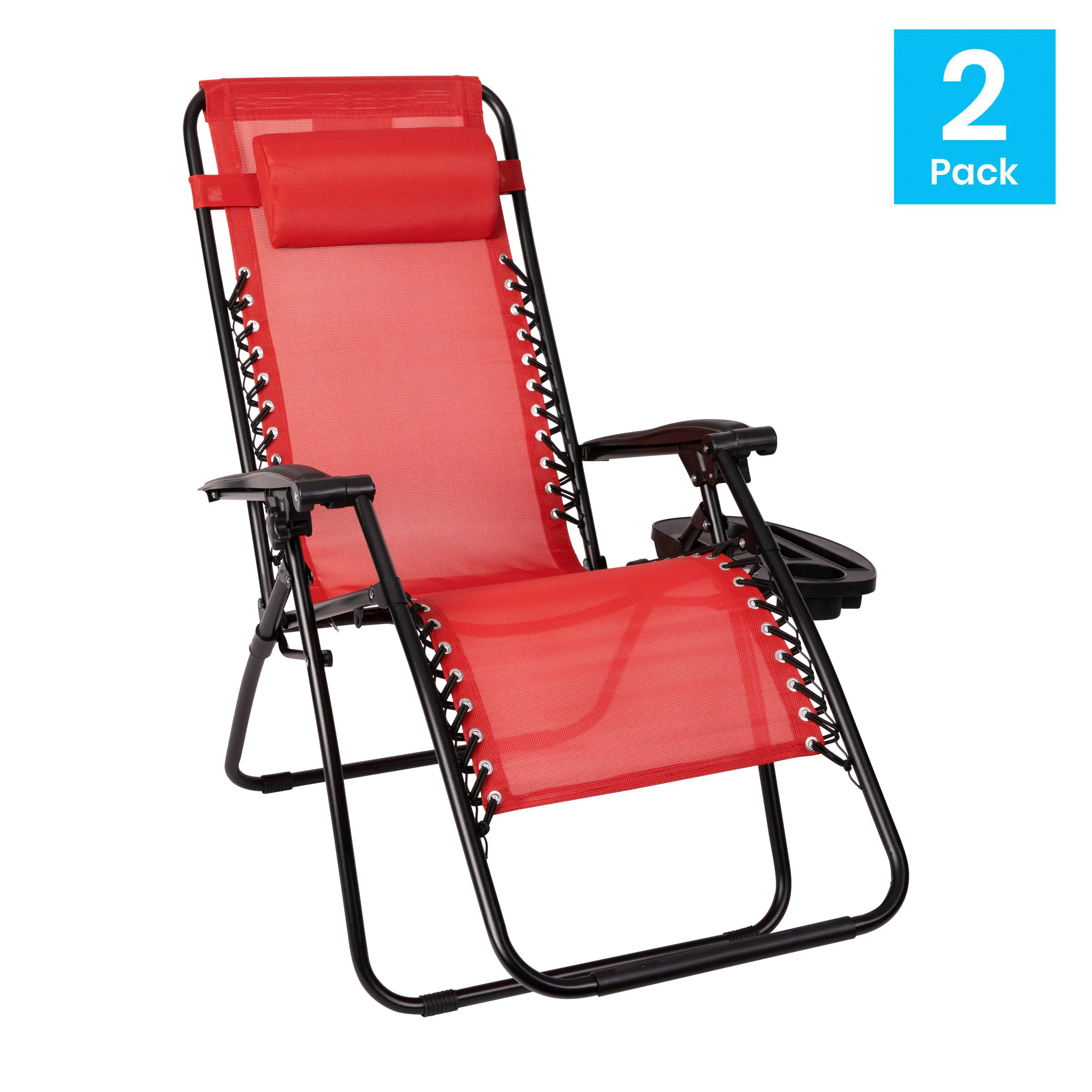 Alt View 1. Emma + Oliver - 2 Pack Adjustable Mesh Zero Gravity Lounge Chair with Cup Holder Tray - Red.