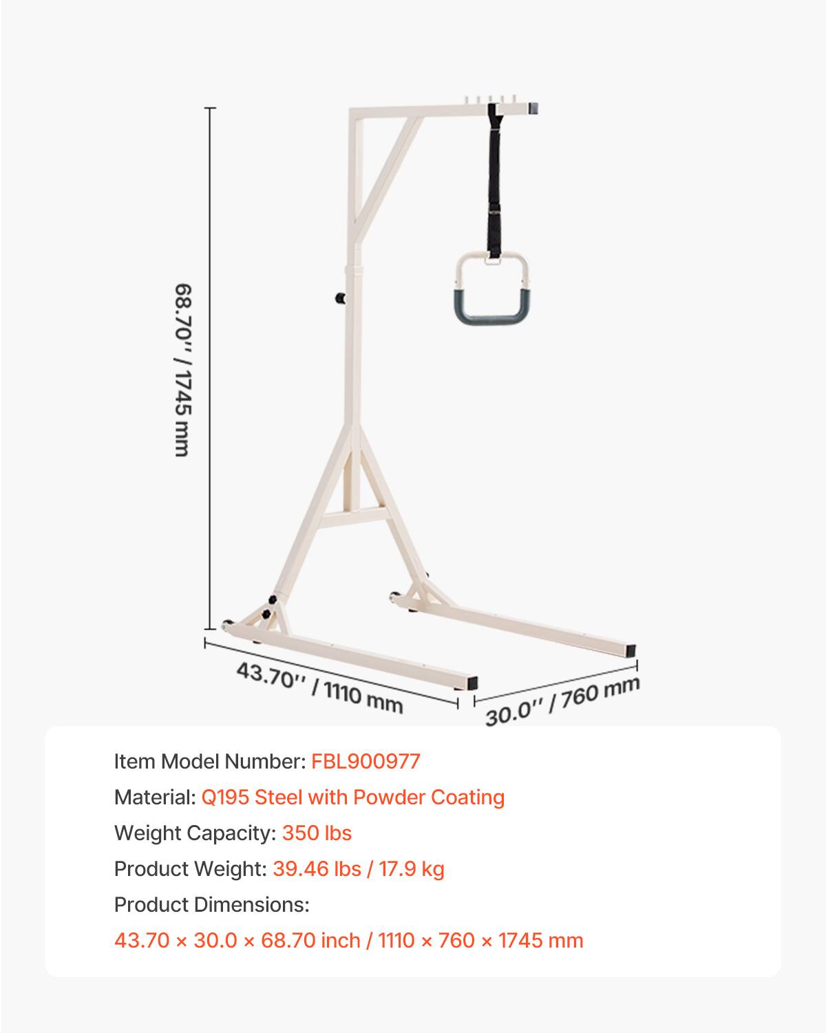 68.70" / 1745 mm  
43.70" / 1110 mm  
Item Model Number: FBL900977  
760 mm  
30.0" /  
Material: Q195 Steel with Powder Coating  
Weight Capacity: 350 lbs  
Product Weight: 39.46 lbs / 17.9 kg  
Product Dimensions: 43.70 x 30.0 x 68.70 inch / 1110 x 760 x 1745 mm