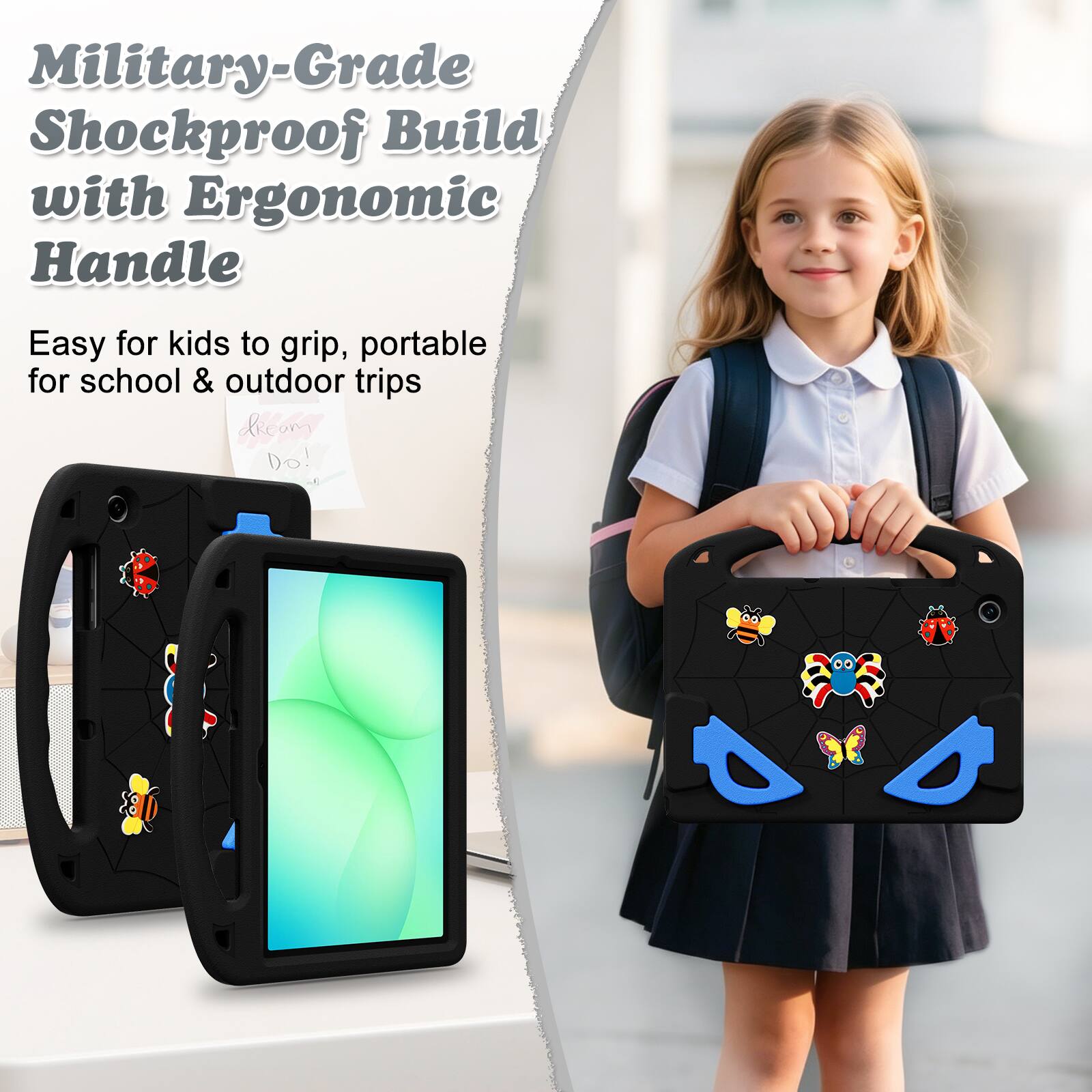 Military-Grade Shockproof Build with Ergonomic Handle  
Easy for kids to grip, portable for school & outdoor trips