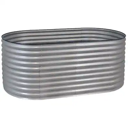 Front. Sunnydaze - Galvalume Steel Oval Raised Garden Bed - 79 in x 32 in - Silver.