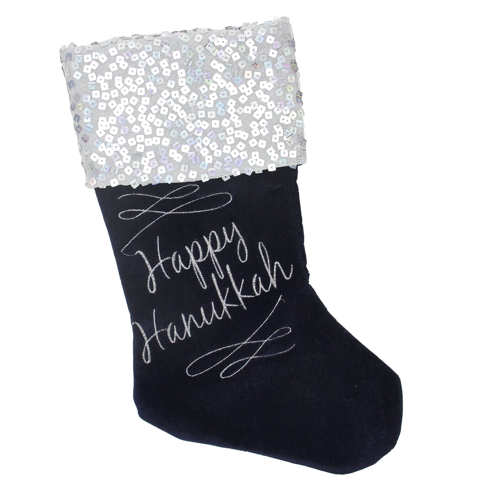 Front. Northlight - 19" Navy Blue and Silver Embroidered Happy Hanukkah Stocking with Sequin Cuff - Blue.