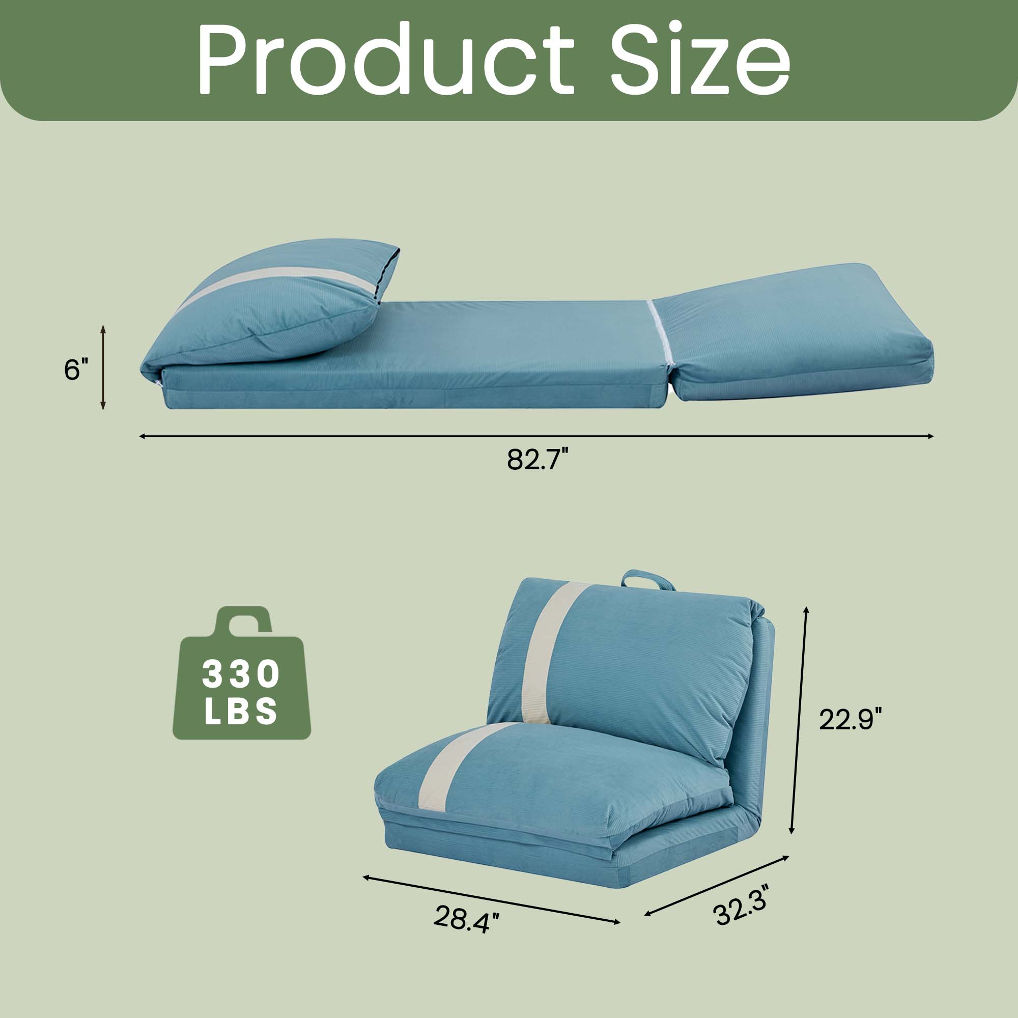 Product Size

- Length: 82.7"
- Height: 6"
- Weight Capacity: 330 LBS
- Seat Height: 22.9"
- Seat Width: 28.4"
- Seat Depth: 32.3"