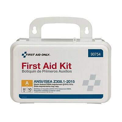 FIRST AID ONLY.

90754

First Aid Kit  
Botiquín de Primeros Auxilios

ANSI/ISEA Z308.1-2015  
Meets federal OSHA requirement 1910.151(b).  
State requirements may vary.

A  
10

Satisface el requisito 51910.151(b) federal de OSHA.  
Requisitos estatales pueden variar.
