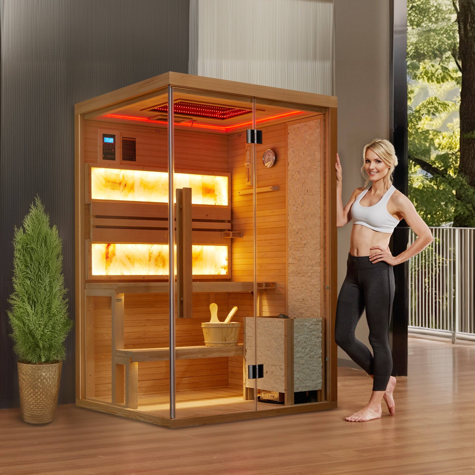 Angle. U-HOMY - 2-Person Steam Sauna - Energy-Efficient with Chromotherapy, 7-Color LED Lighting & Glass Design - Wood Color.