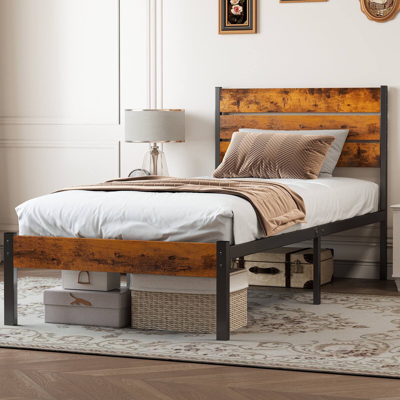 Back. Bestier - Metal Platform Bed Frame with Headboard, Sturdy Wooden Slats Support, No Box Spring Needed - Brown & Black.