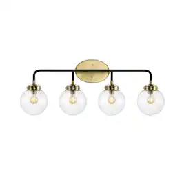 Jonathan Y - Caleb 30.75" 4-Light Contemporary Transitional Iron/Glass LED Vanity Light - Black/Brass Gold