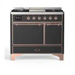 ILVE - Majestic II Series 40 in. Dual Fuel Range with 6 Sealed Burners + Griddle (Natural Gas, Copper Trim) - Graphite Matte