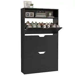 Songmics Home - Shoe Cabinet, Shoe Organizer, Open Compartment, Adjustable and Removable Dividers, 3 Flip Drawers - Ebony Black