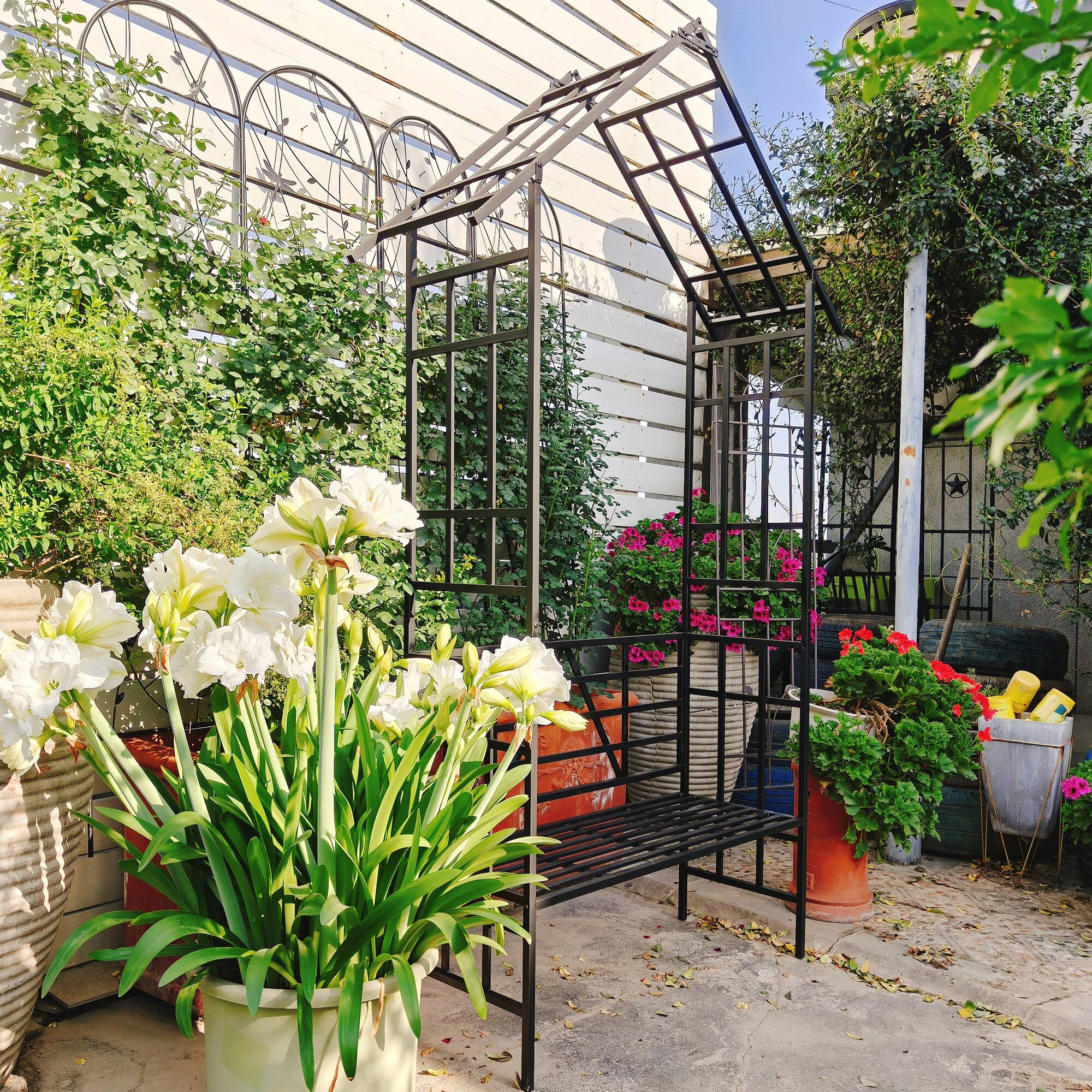 Back. Loheer - 4.84 ft Metal Garden Arch with Bench Rose Trellis Arbor for Outdoor Climbing Plants - Black.