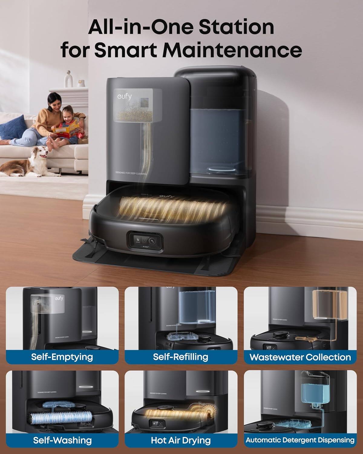 All-in-One Station for Smart Maintenance

- Self-Emptying
- Self-Refilling
- Wastewater Collection
- Self-Washing
- Hot Air Drying
- Automatic Detergent Dispensing