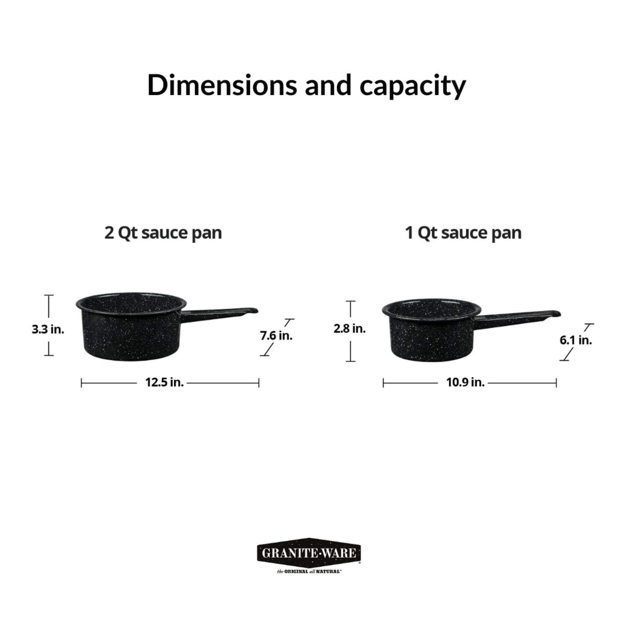 Dimensions and capacity

2 Qt sauce pan
- Height: 3.3 in.
- Diameter: 7.6 in.
- Overall length: 12.5 in.

1 Qt sauce pan
- Height: 2.8 in.
- Diameter: 6.1 in.
- Overall length: 10.9 in.

GRANITE-WARE
The Original