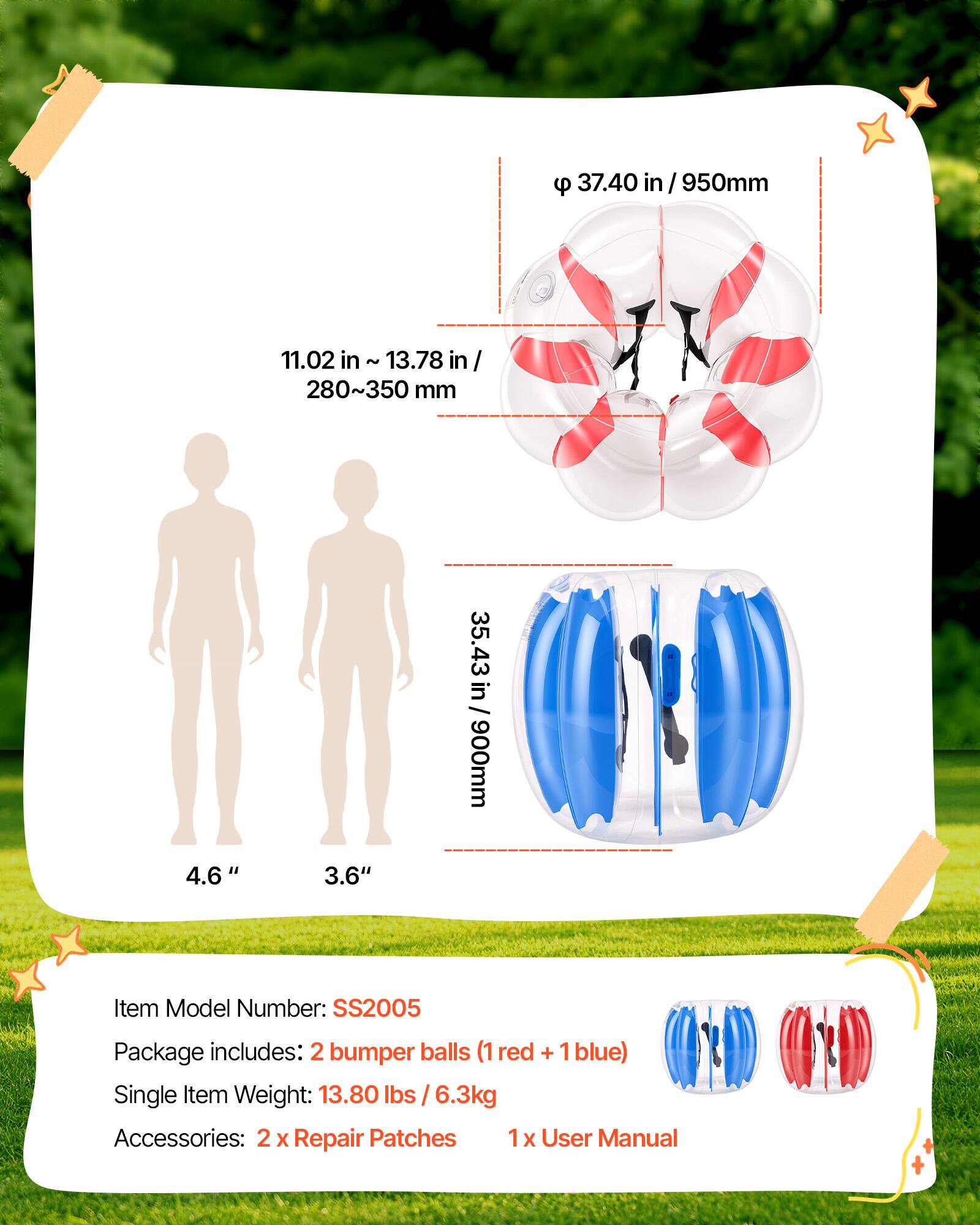 VEVOR 2 Pack Inflatable Bumper Balls 3FT Human Bubble for Kids Blue+Red ...